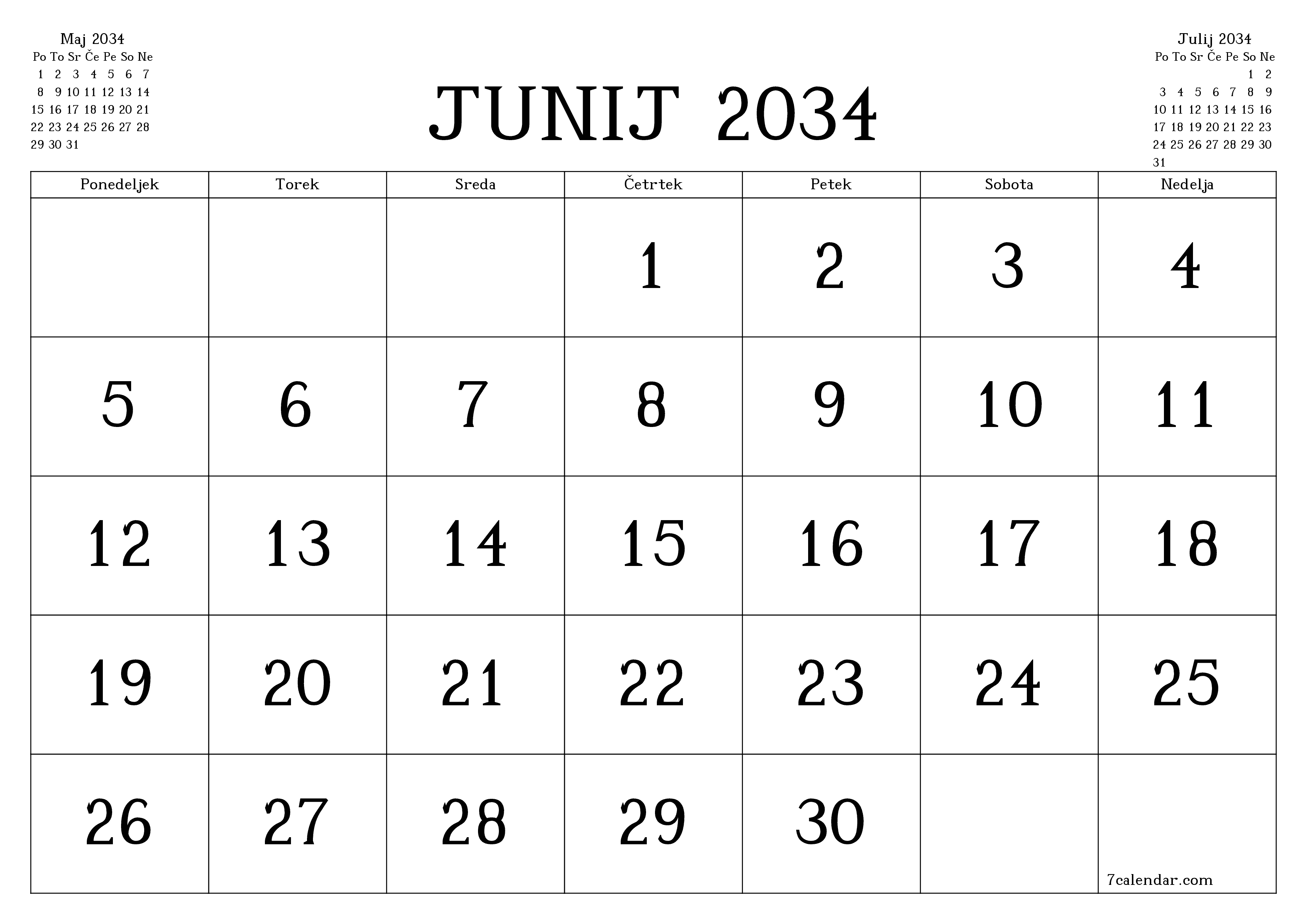 Prazen mesečni načrtovalec koledarja za mesec Junij 2034 z opombami, natisnjenimi v PDF PNG Slovenian