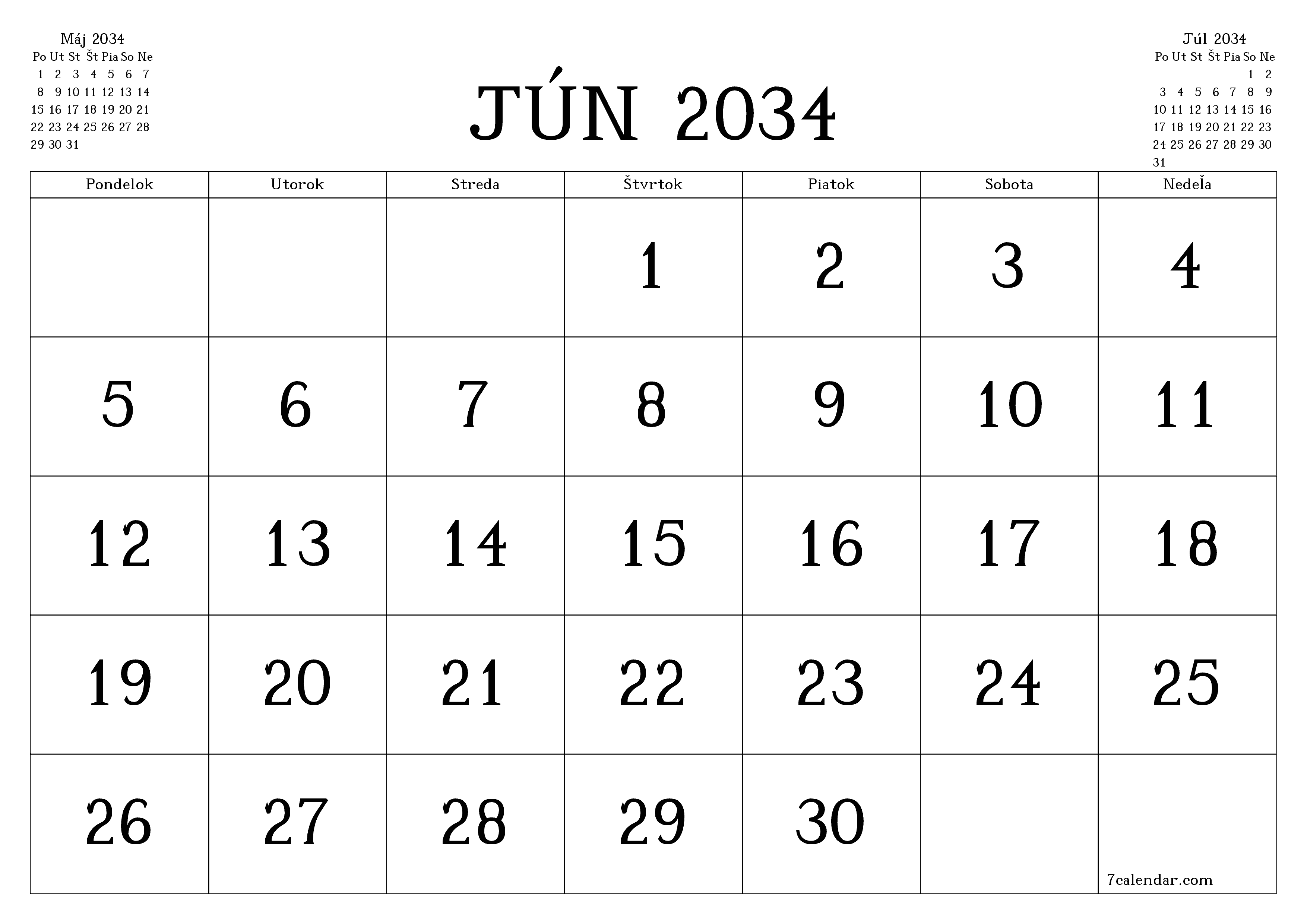 Prázdny mesačný plánovač na mesiac Jún 2034 s poznámkami, uloženie a tlač do PDF PNG Slovak