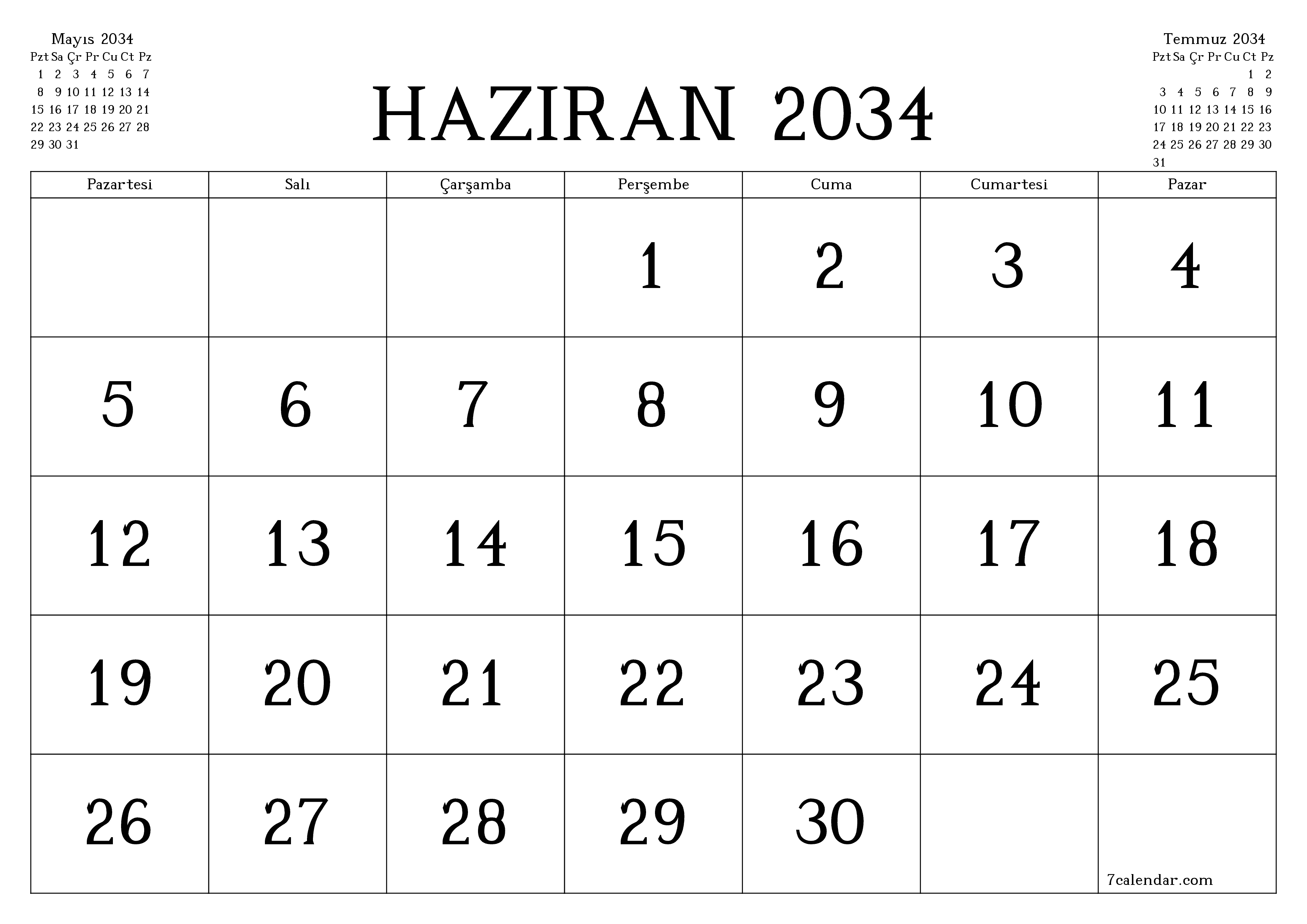 Haziran 2034 ayı için notlarla birlikte boş aylık planlayıcı, kaydedin ve PDF'ye yazdırın PNG Turkish