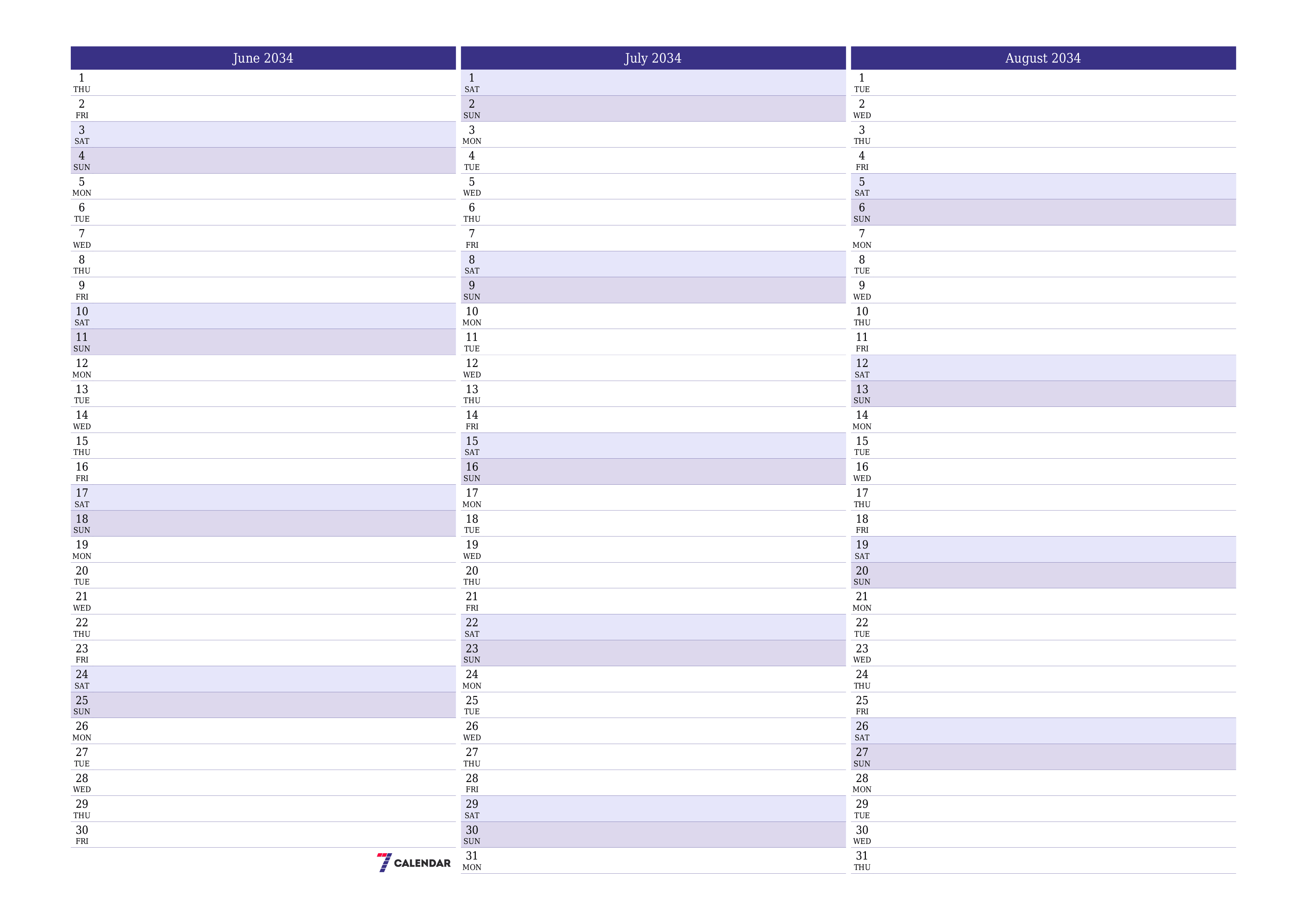 Blank calendar June 2034