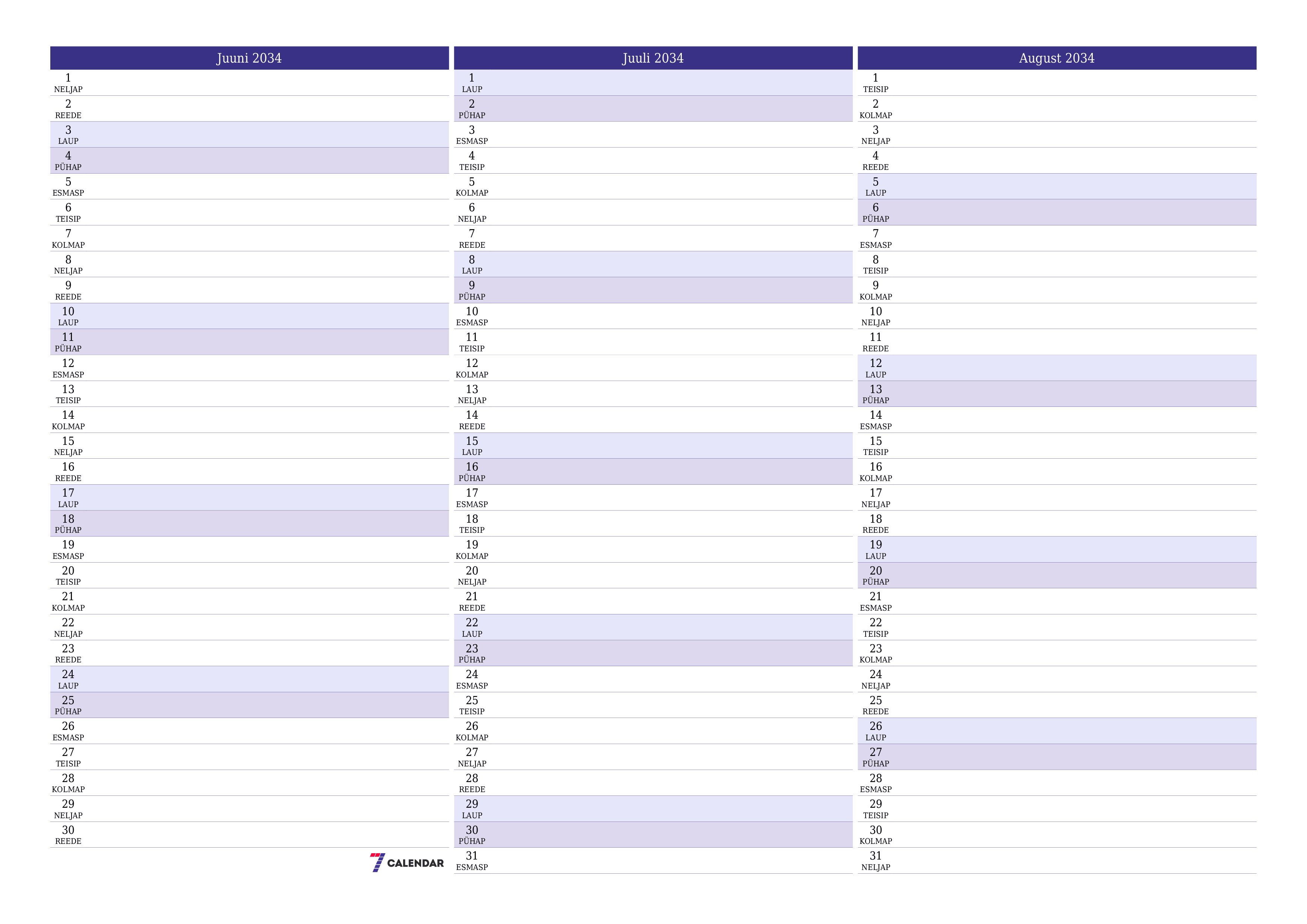 Tühjendage kuu Juuni 2034 kuuplaneerija märkmetega, salvestage ja printige PDF-i PNG Estonian