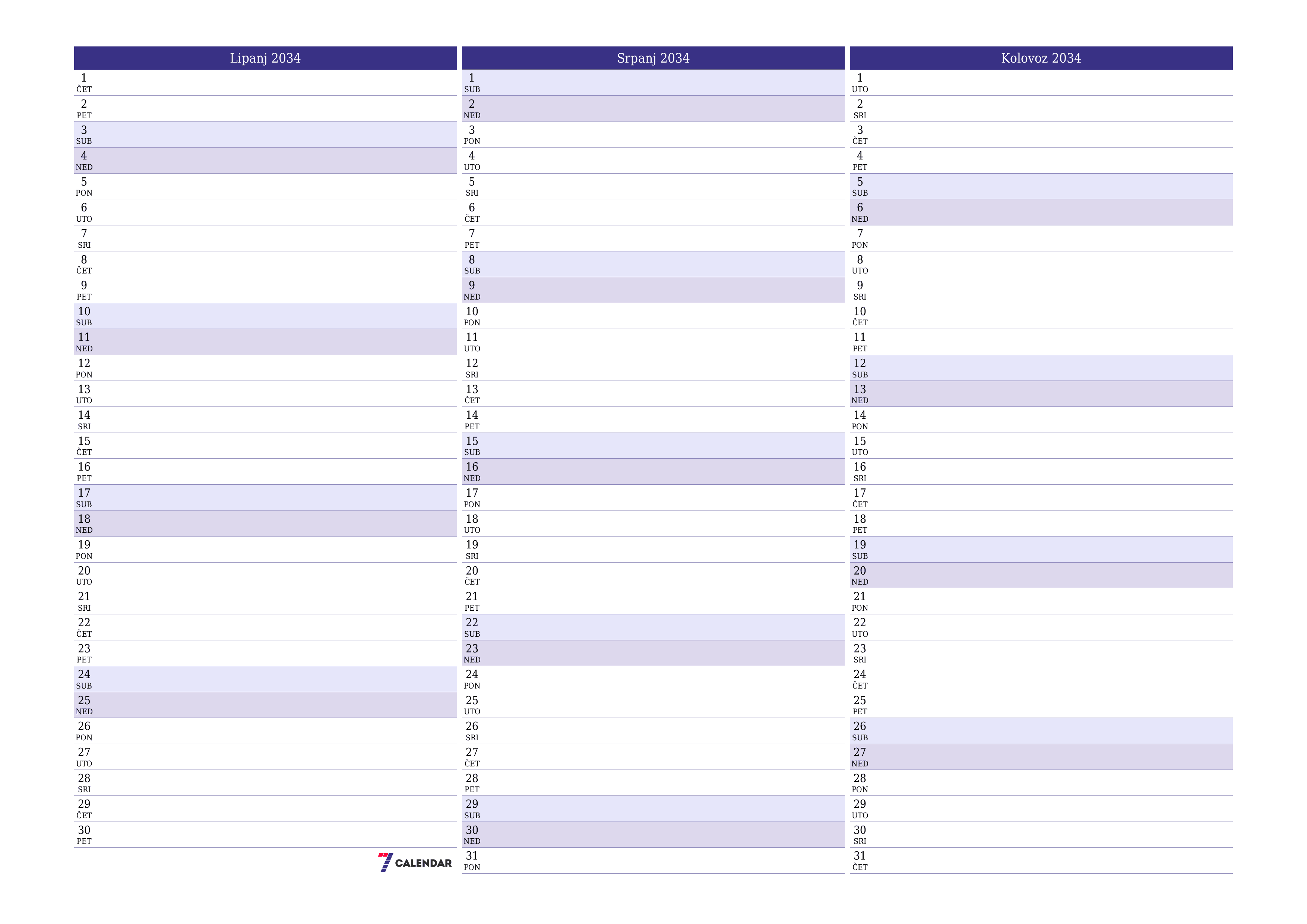  za ispis zidni predložak a besplatni horizontalno Mjesečni planer kalendar Lipanj (Lip) 2034