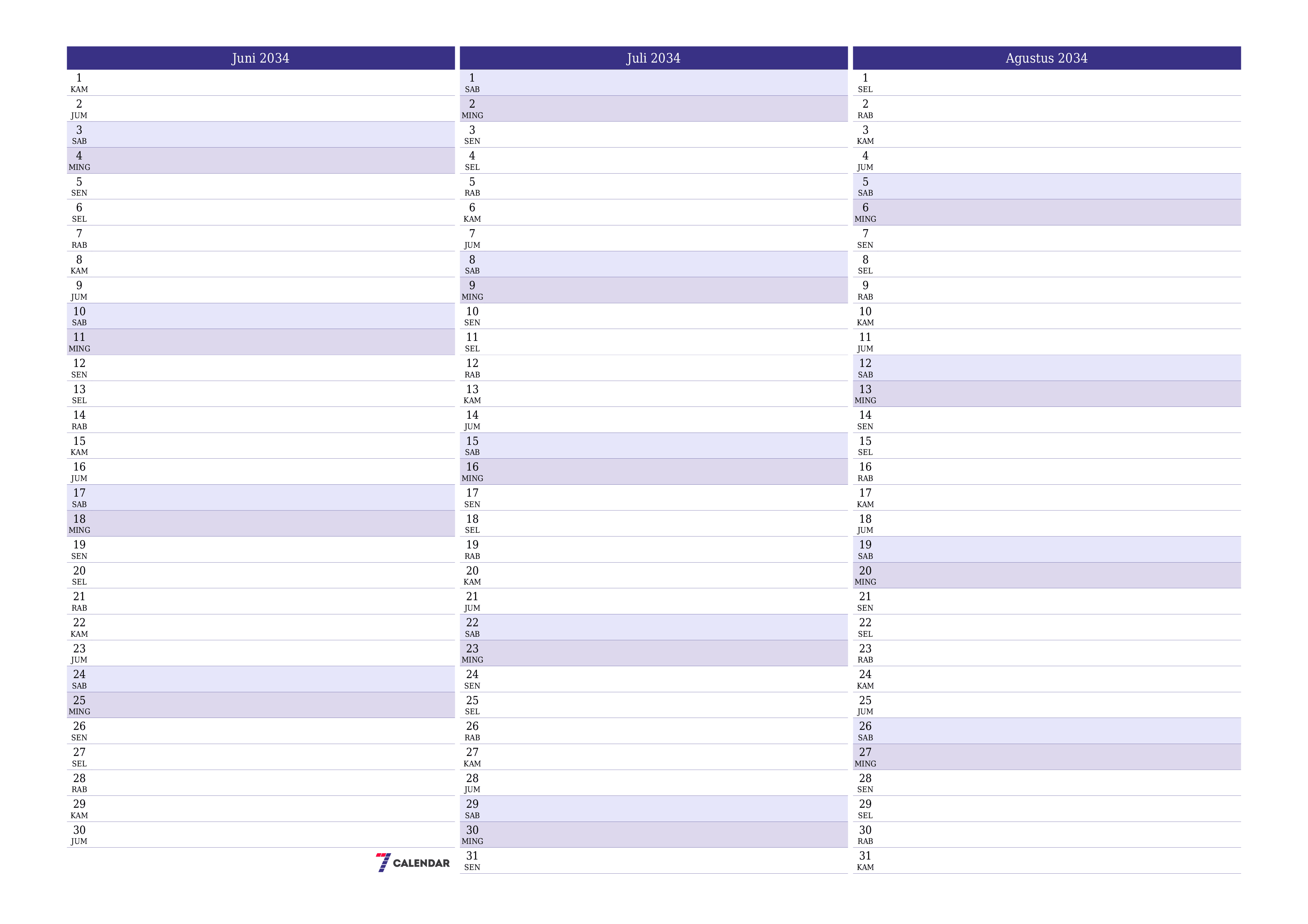 Kosongkan agenda bulanan untuk bulan Juni 2034 dengan catatan, simpan dan cetak ke PDF PNG Indonesian