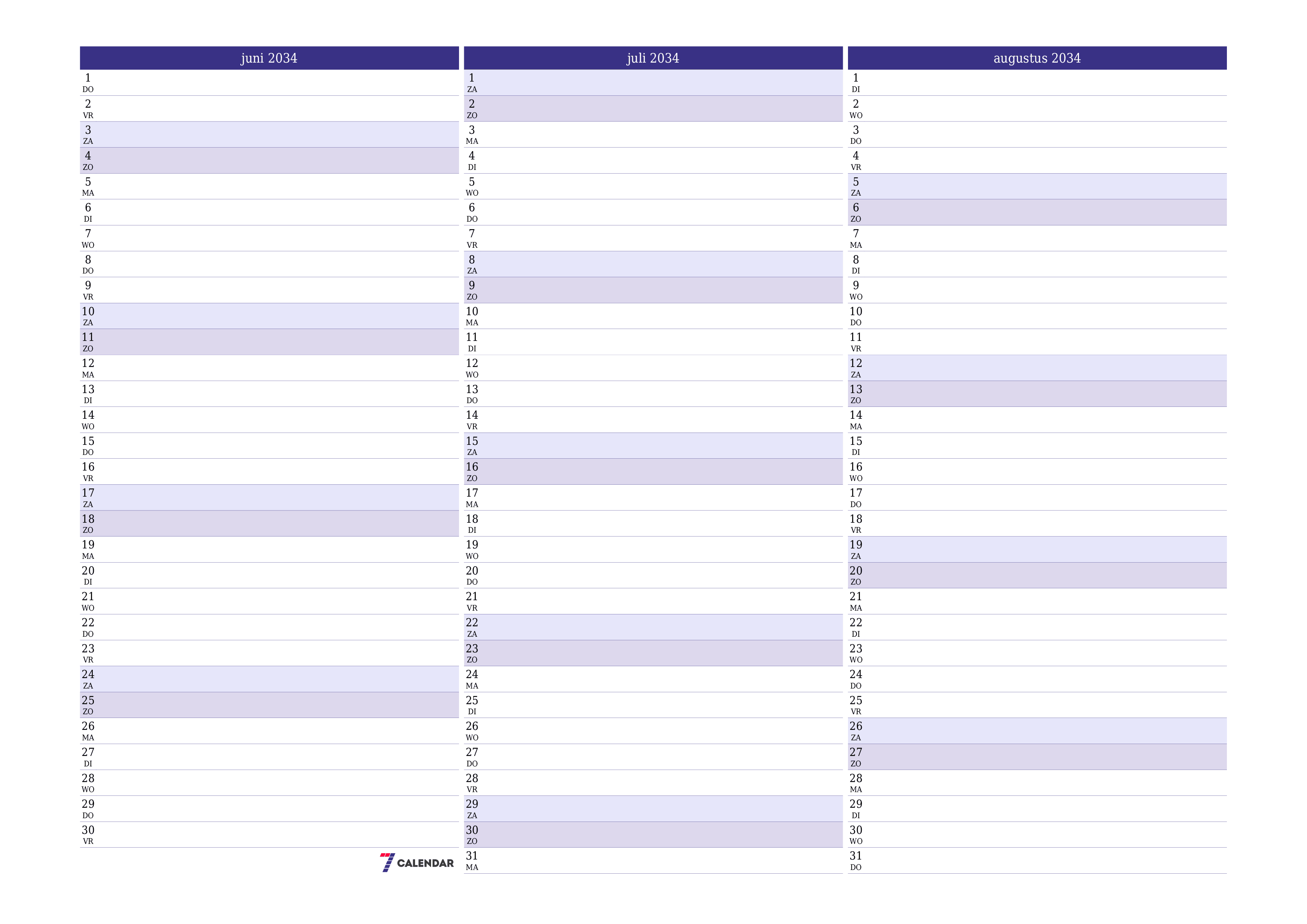 Lege maandplanner voor maand juni 2034 met notities, opslaan en afdrukken naar pdf PNG Dutch