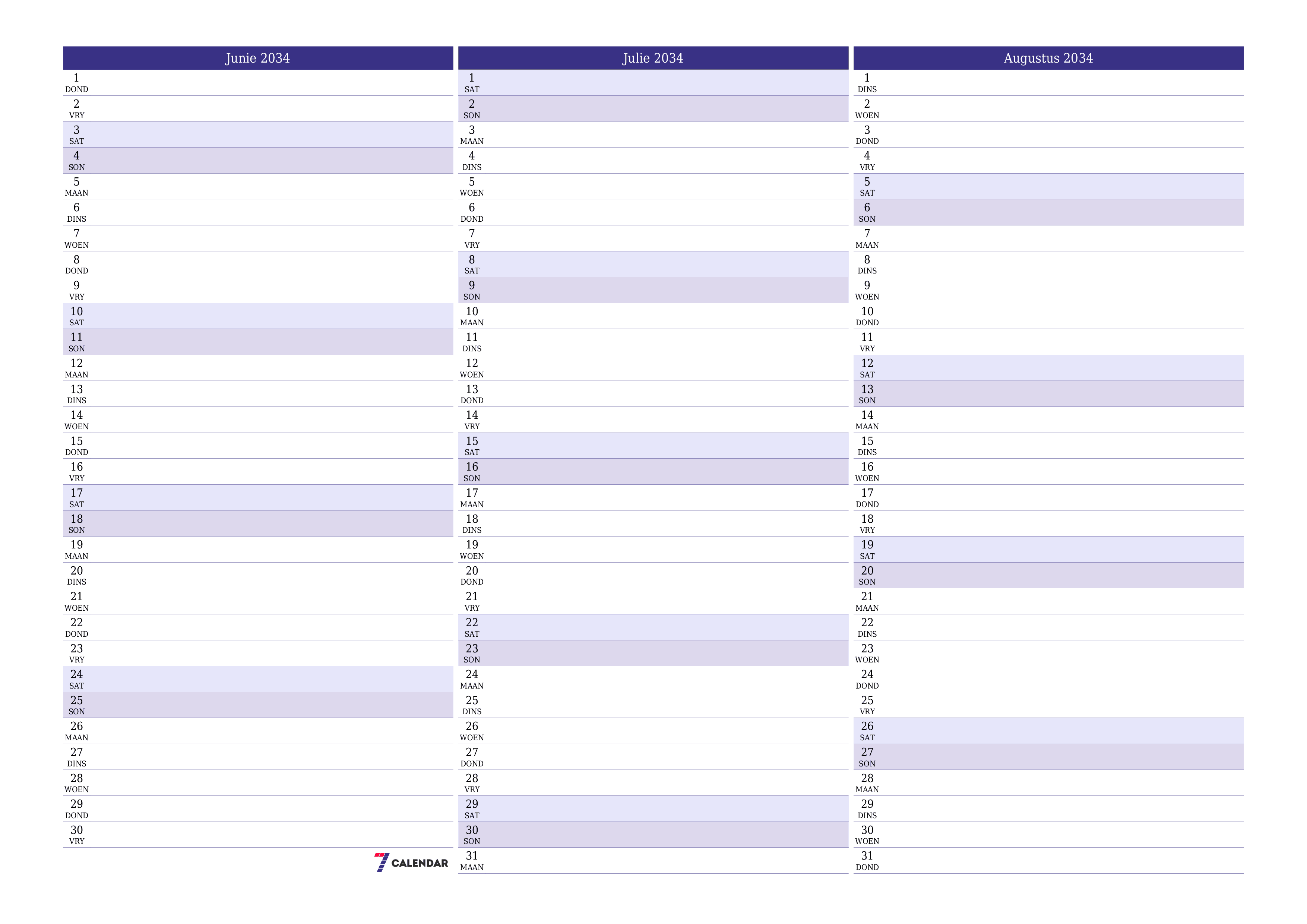 drukbare muur template gratis horisontaal Maandeliks beplanner kalender Junie (Jun) 2034