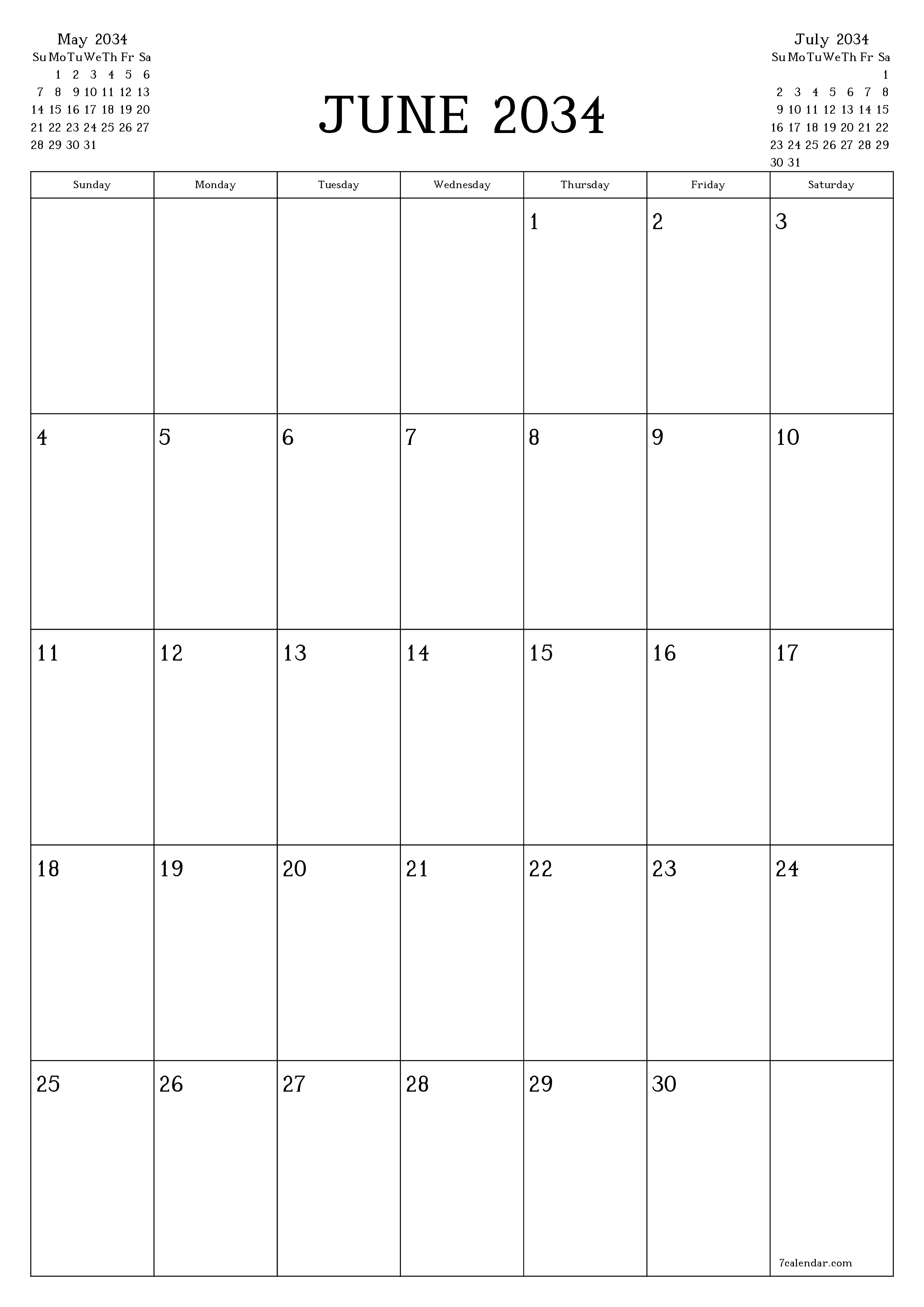 Blank calendar June 2034