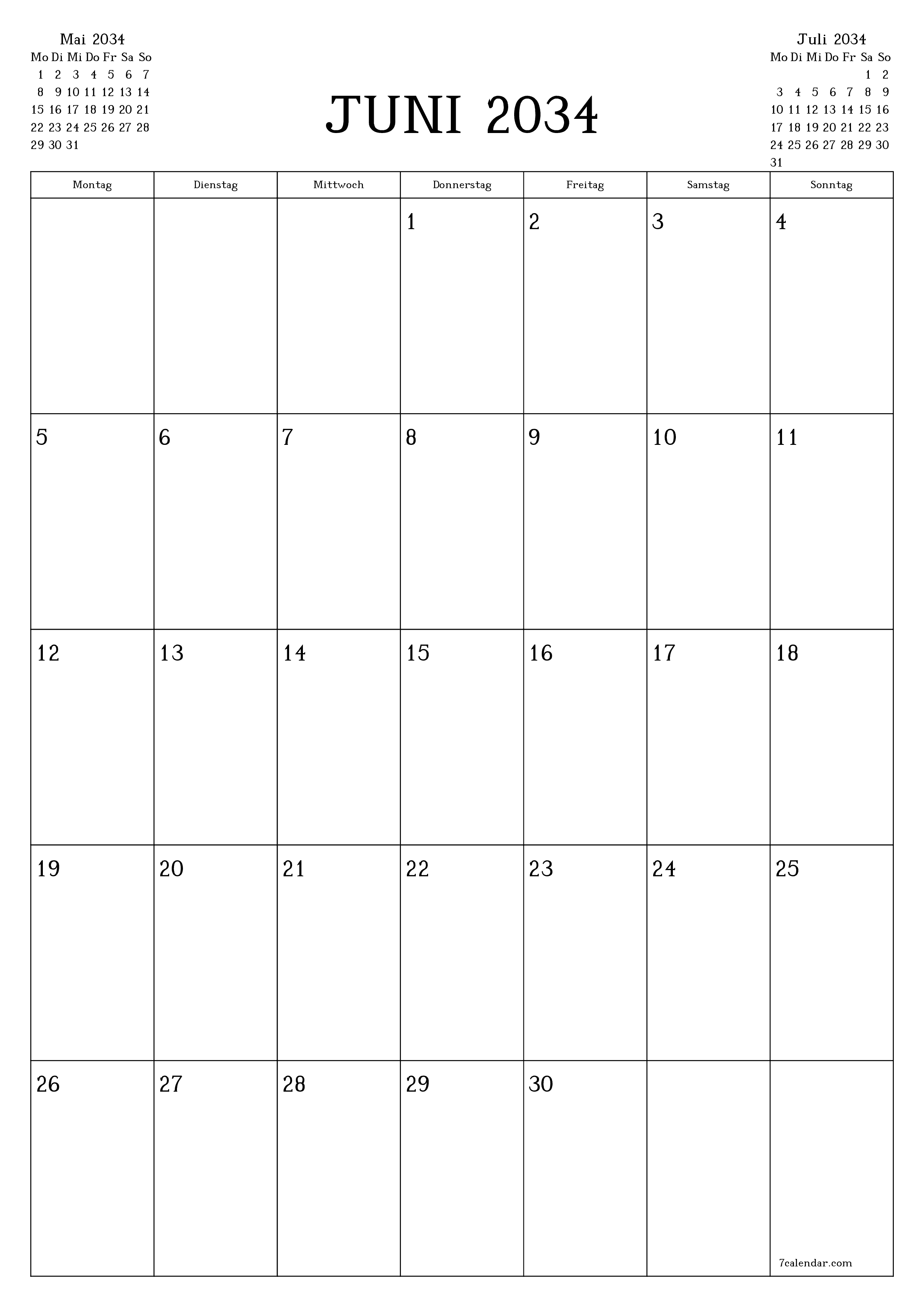  zum Ausdrucken Wandkalender vorlage kostenloser vertikal Monatlich Planer Kalender Juni (Jun) 2034