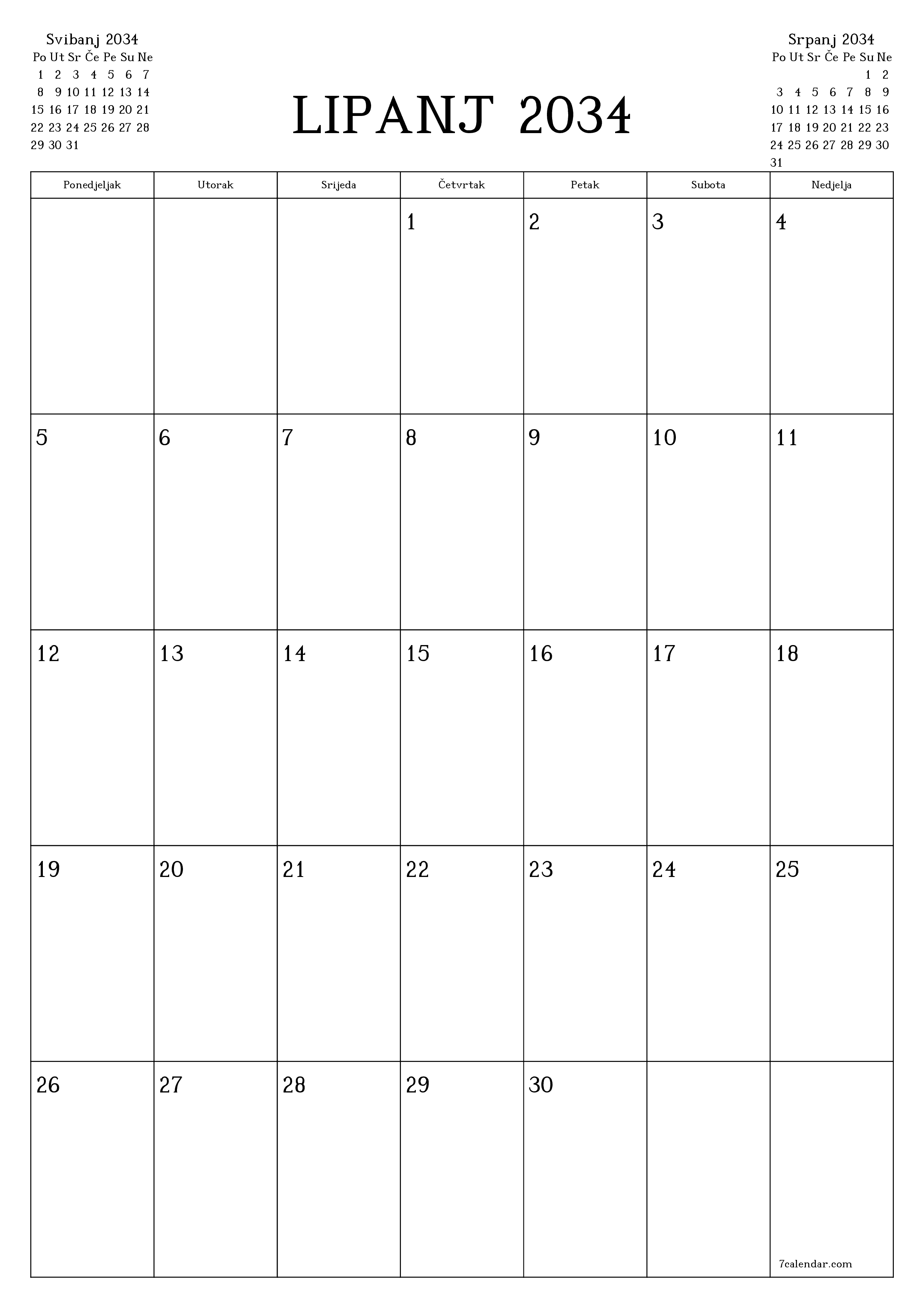  za ispis zidni predložak a besplatni okomito Mjesečni planer kalendar Lipanj (Lip) 2034