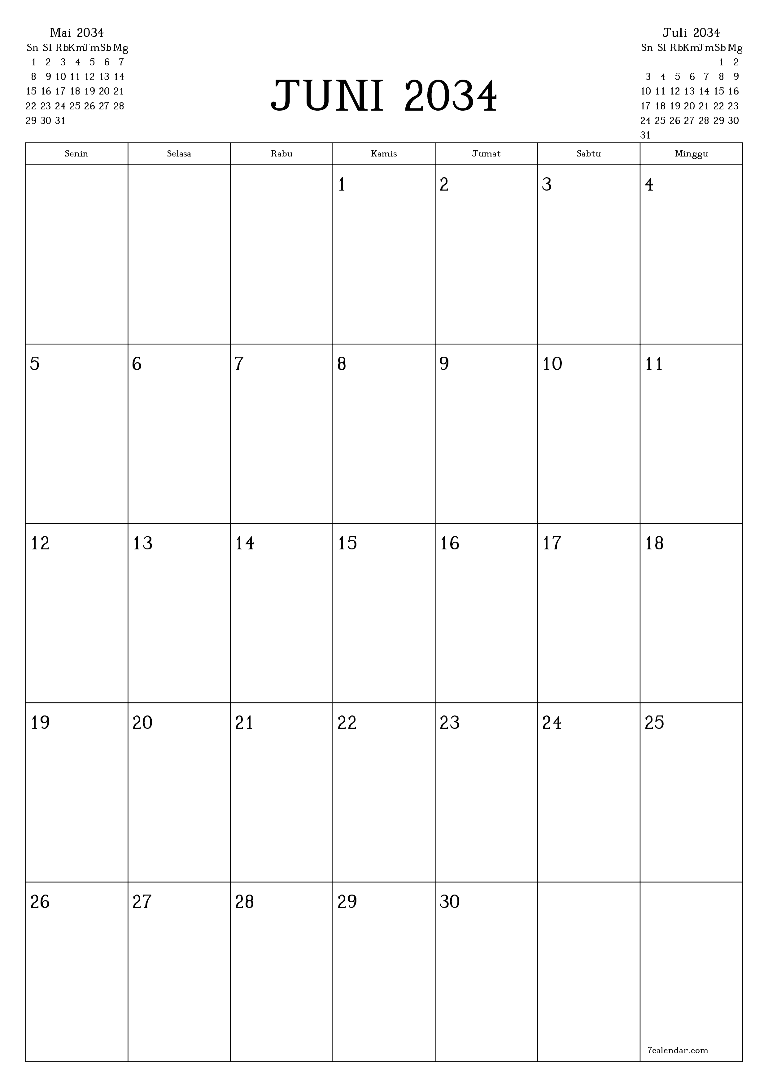 Kosongkan agenda bulanan untuk bulan Juni 2034 dengan catatan, simpan dan cetak ke PDF PNG Indonesian