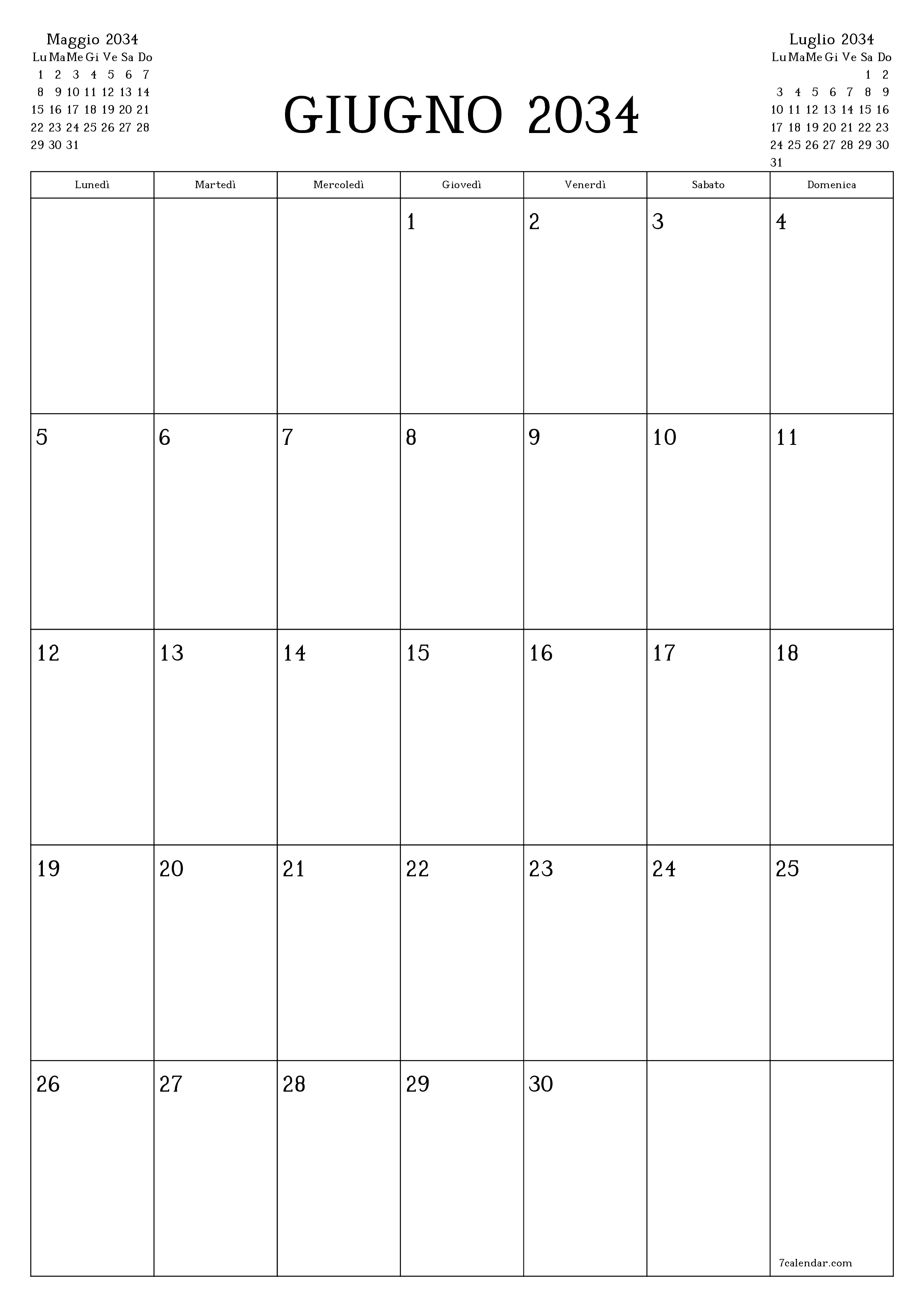 Pianificatore mensile vuoto per il mese Giugno 2034 con note, salva e stampa in PDF PNG Italian