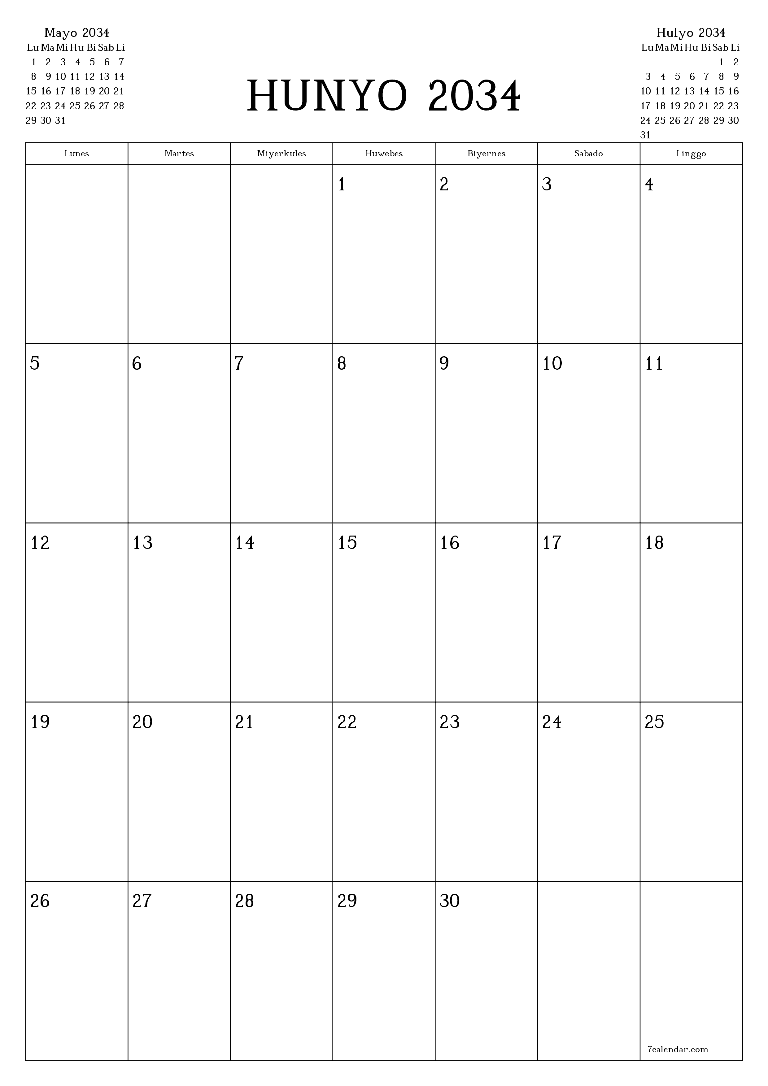 Walang laman na buwanang tagaplano para sa buwan na Hunyo 2034 na may mga tala, i-save at i-print sa PDF PNG Filipino