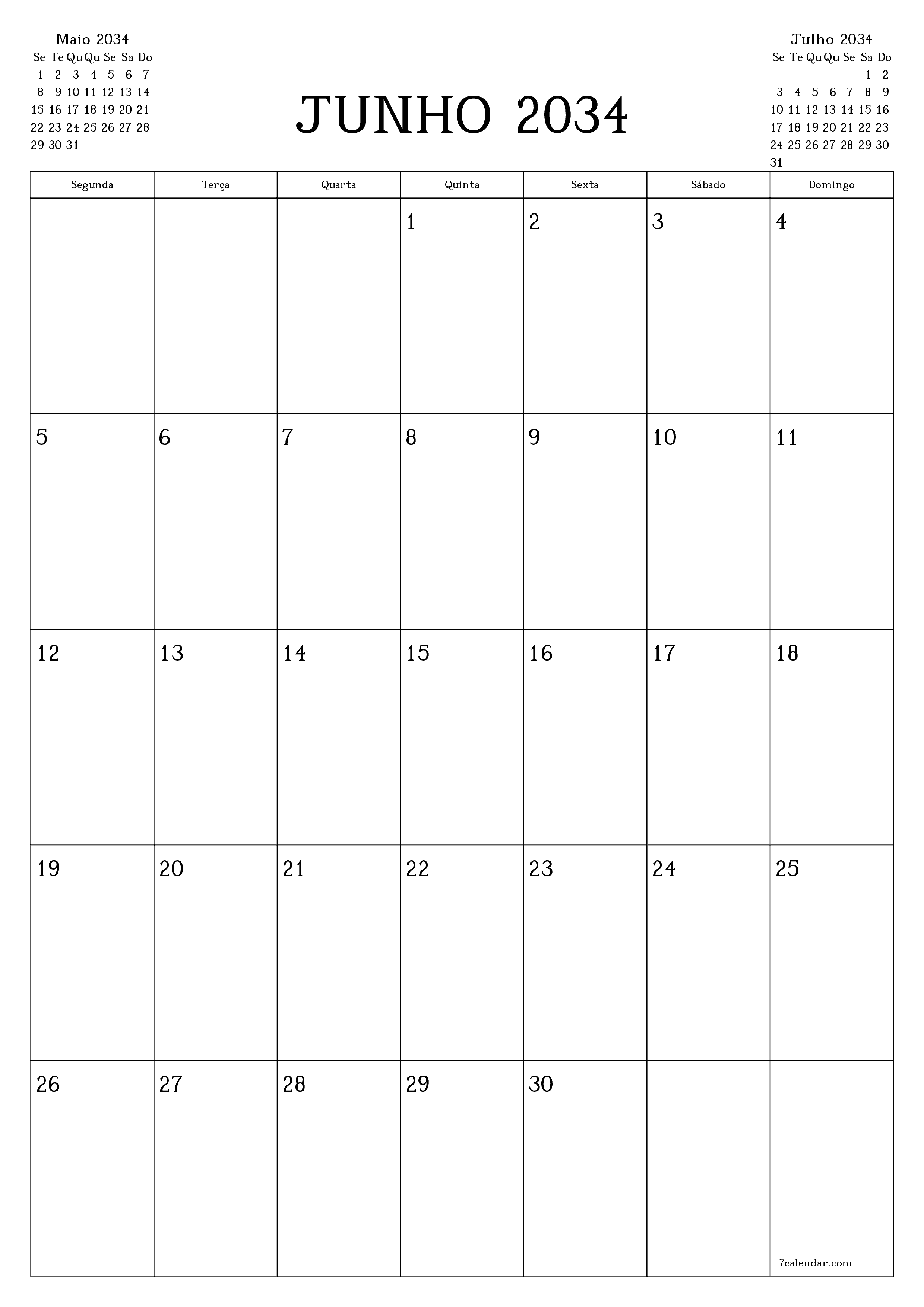  para impressão de parede modelo de grátisvertical Mensal planejador calendário Junho (Jun) 2034