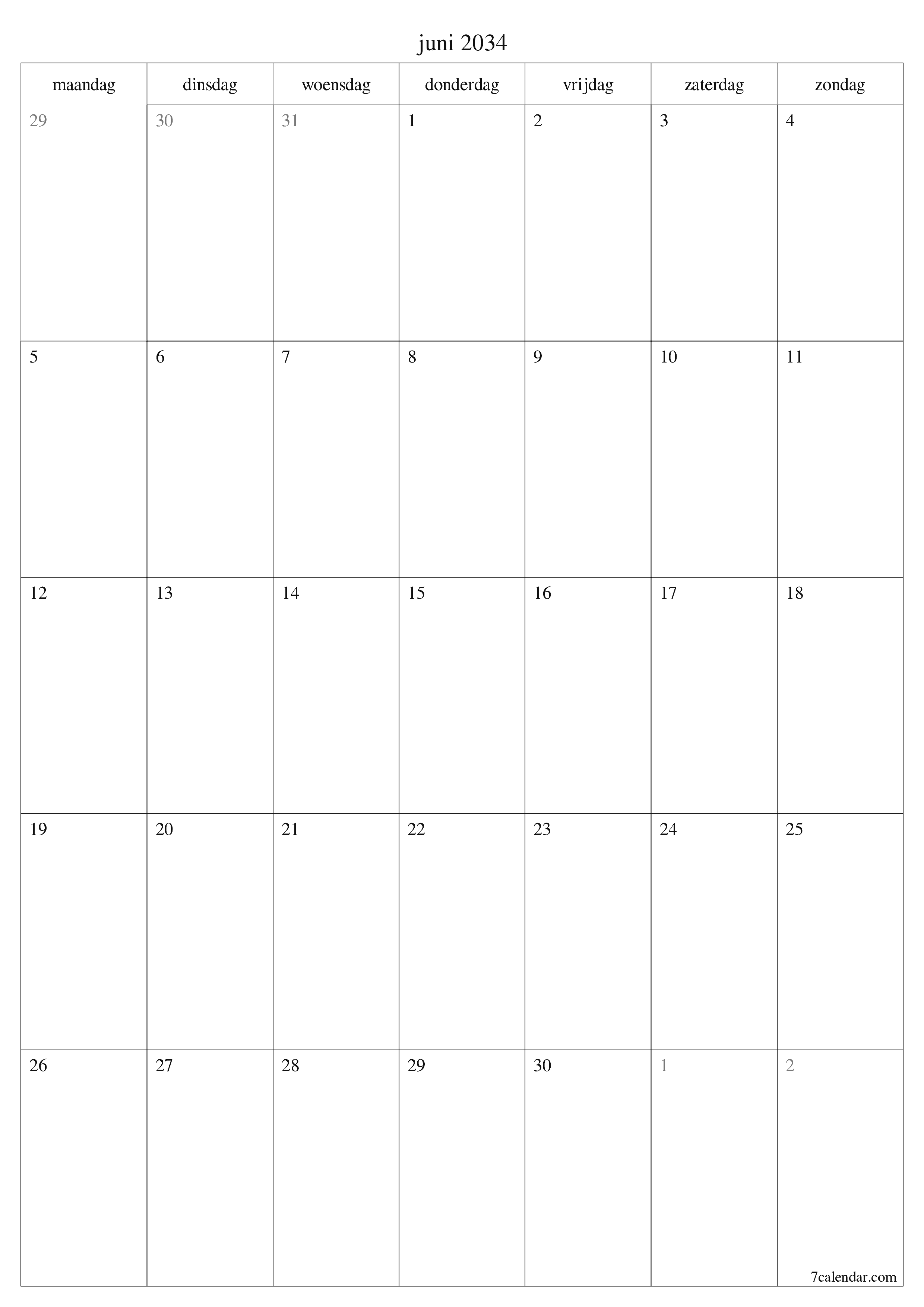 afdrukbare muur sjabloon gratis verticaal Maandelijks planner kalender juni (jun) 2034