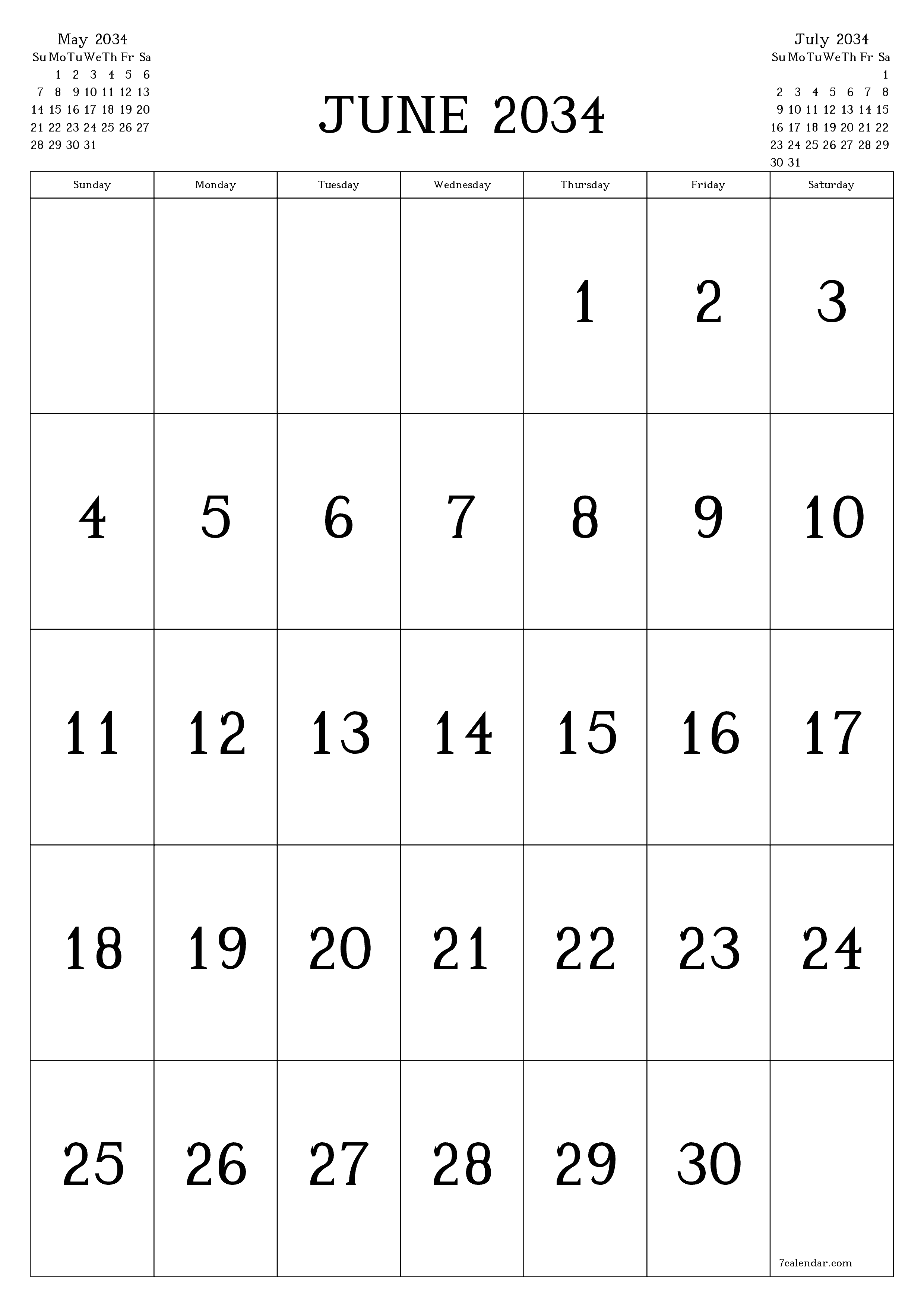 Blank calendar June 2034