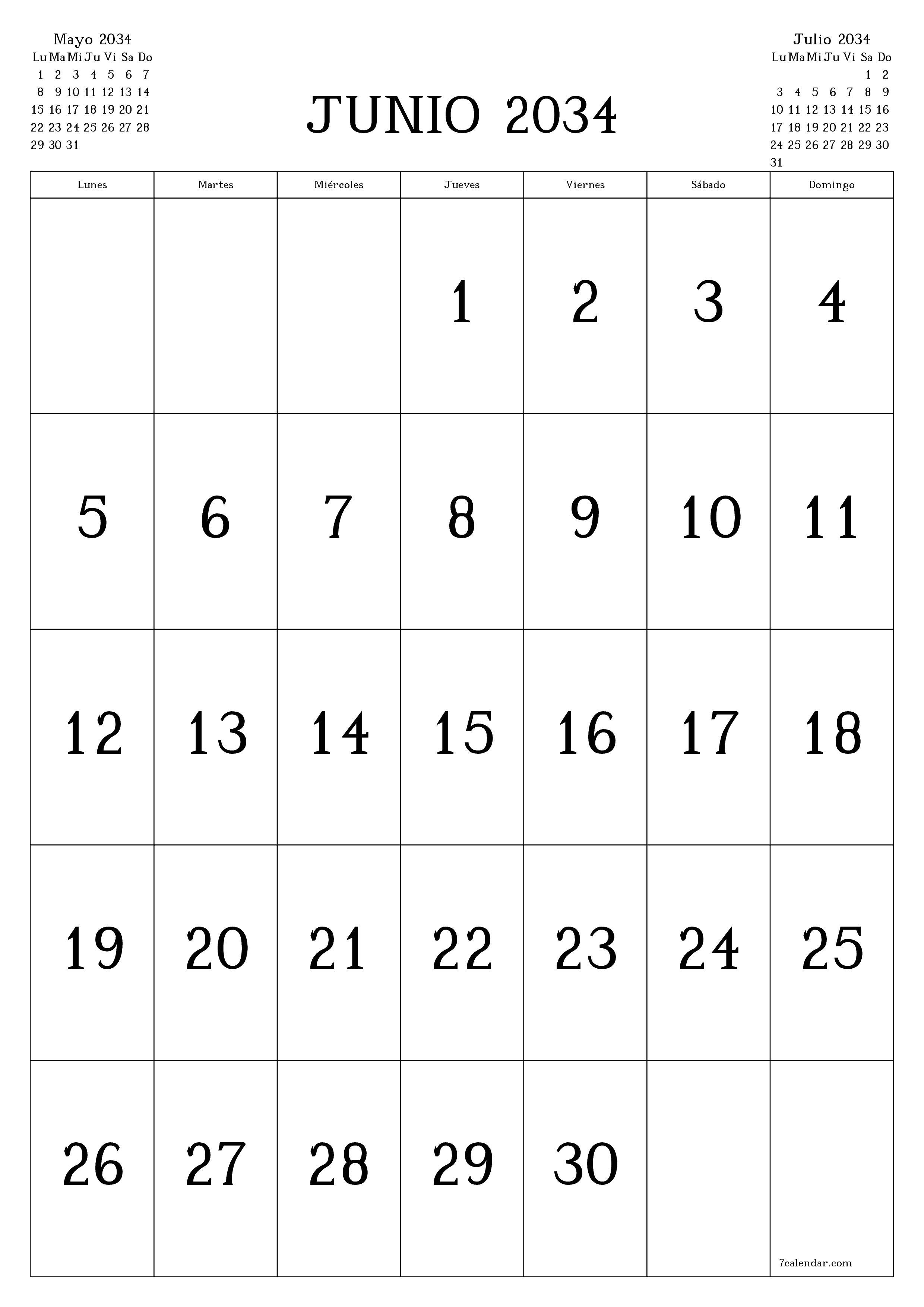  imprimible de pared plantilla de gratisvertical Mensual calendario Junio (Jun) 2034