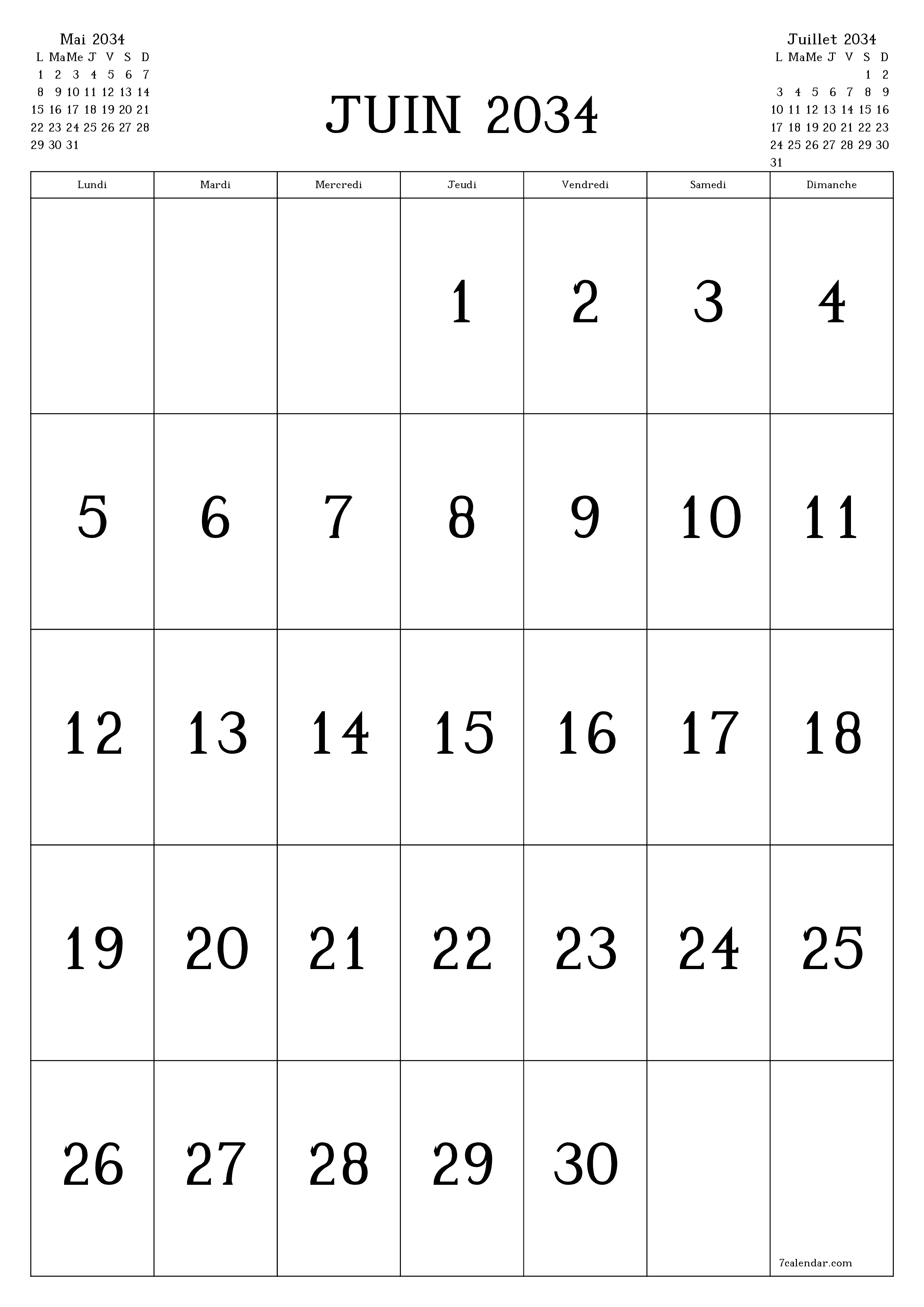  imprimable mural modèle de gratuitverticale Mensuel calendrier Juin (Jui) 2034