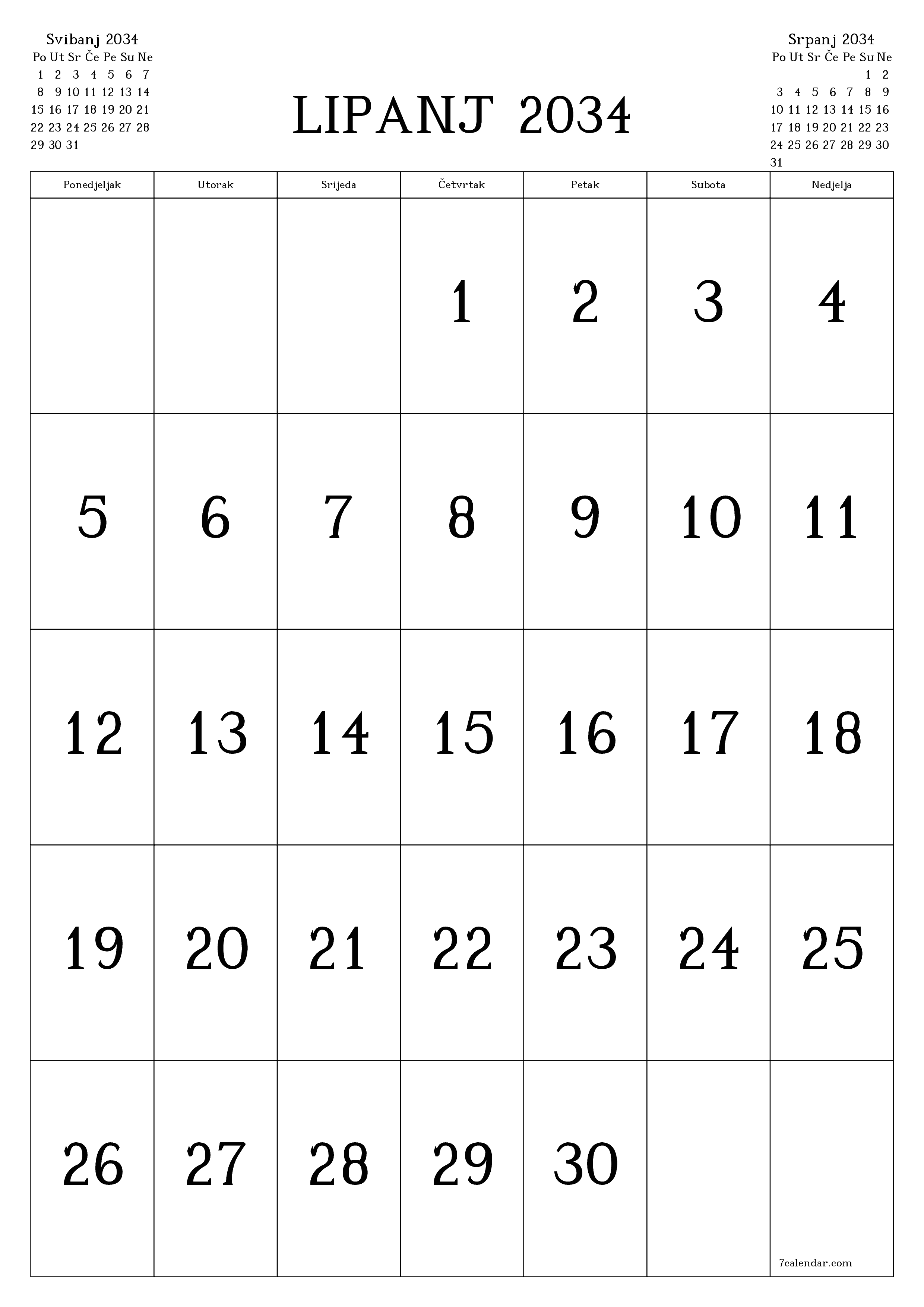  za ispis zidni predložak a besplatni okomito Mjesečni kalendar Lipanj (Lip) 2034