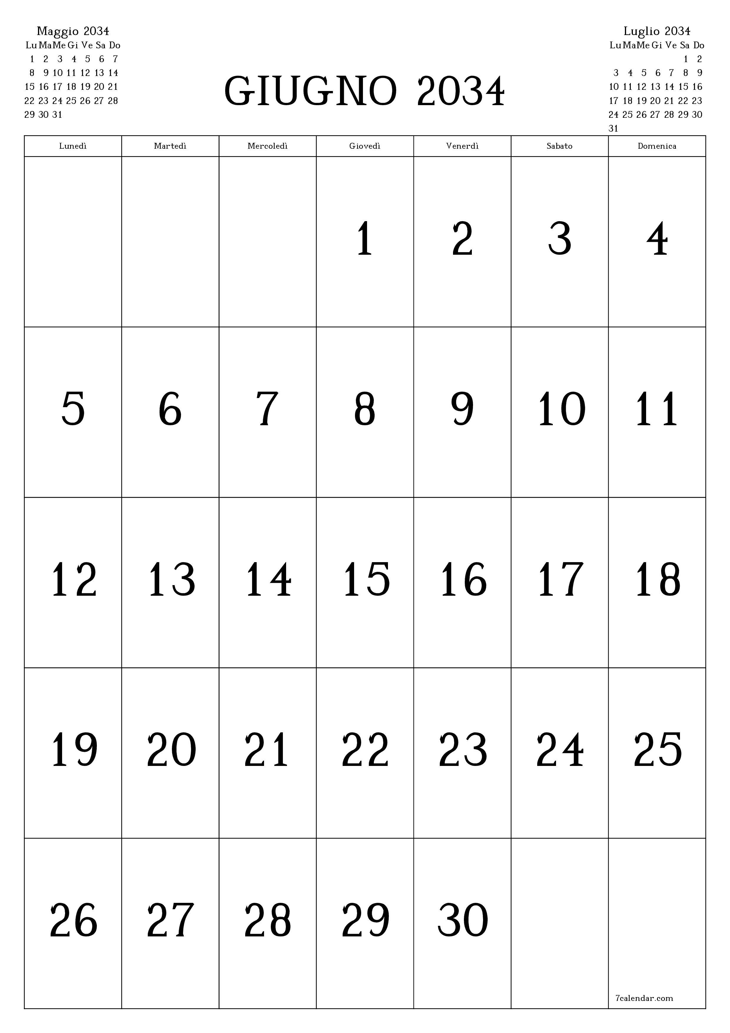 Pianificatore mensile vuoto per il mese Giugno 2034 con note, salva e stampa in PDF PNG Italian