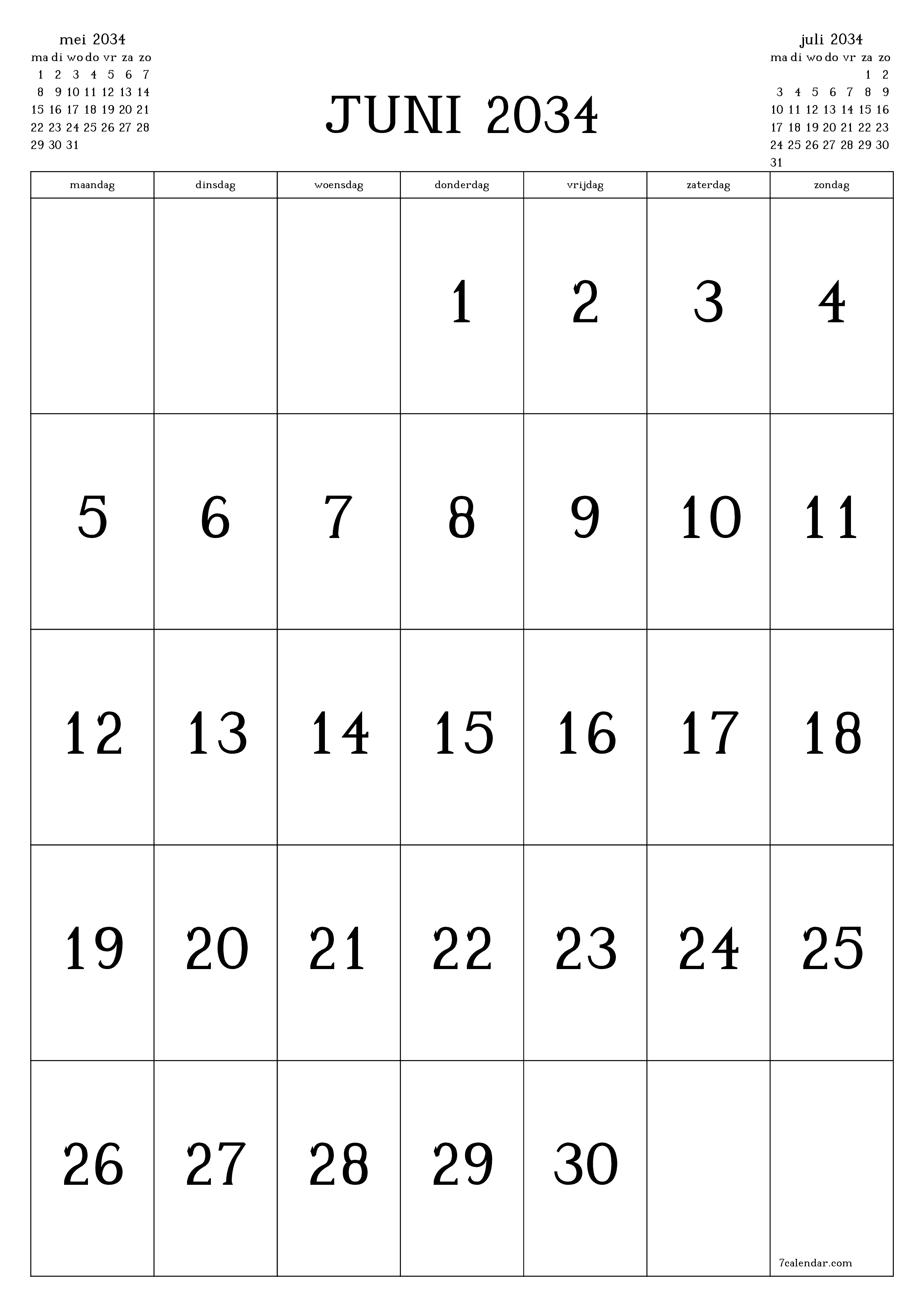Lege maandplanner voor maand juni 2034 met notities, opslaan en afdrukken naar pdf PNG Dutch