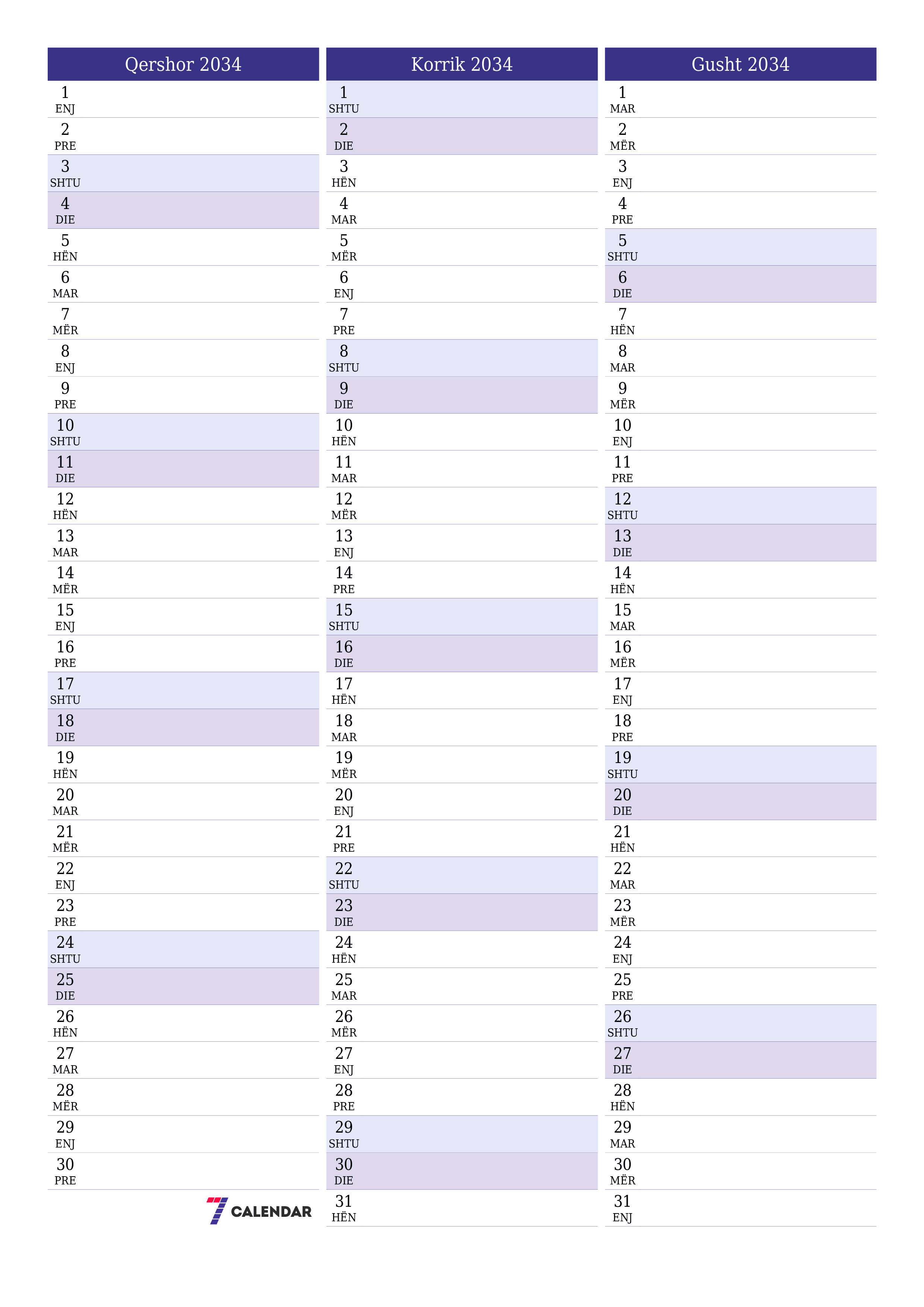 Planifikuesi i zbrazët i kalendarit mujor për muajin Qershor 2034 me shënime të ruajtura dhe të printuara në PDF PNG Albanian