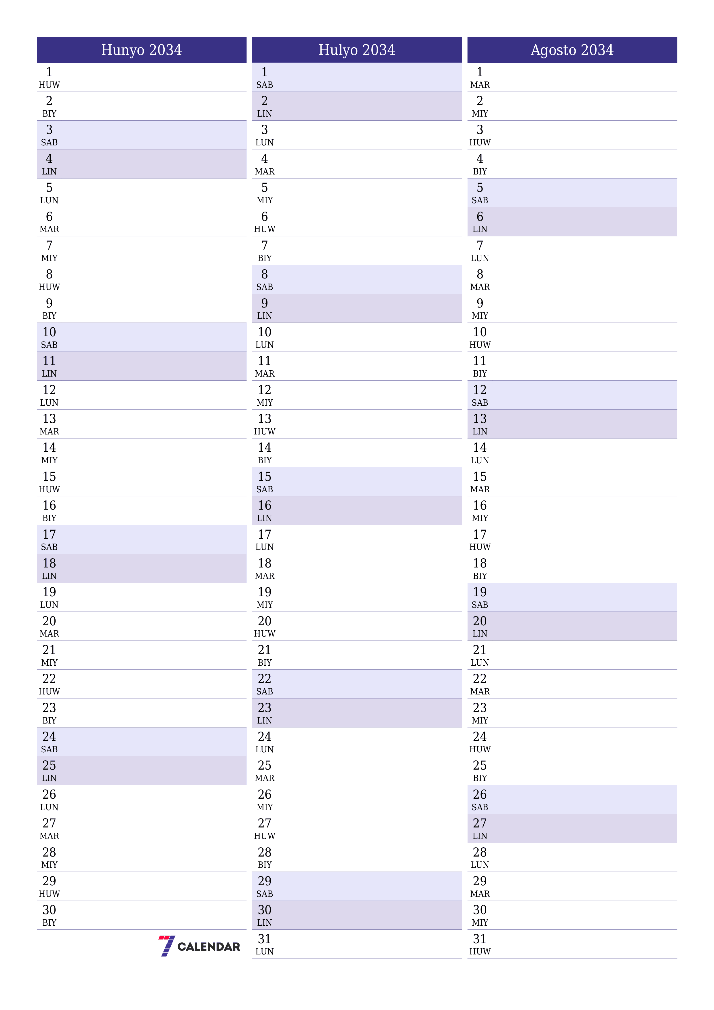Walang laman na buwanang tagaplano para sa buwan na Hunyo 2034 na may mga tala, i-save at i-print sa PDF PNG Filipino