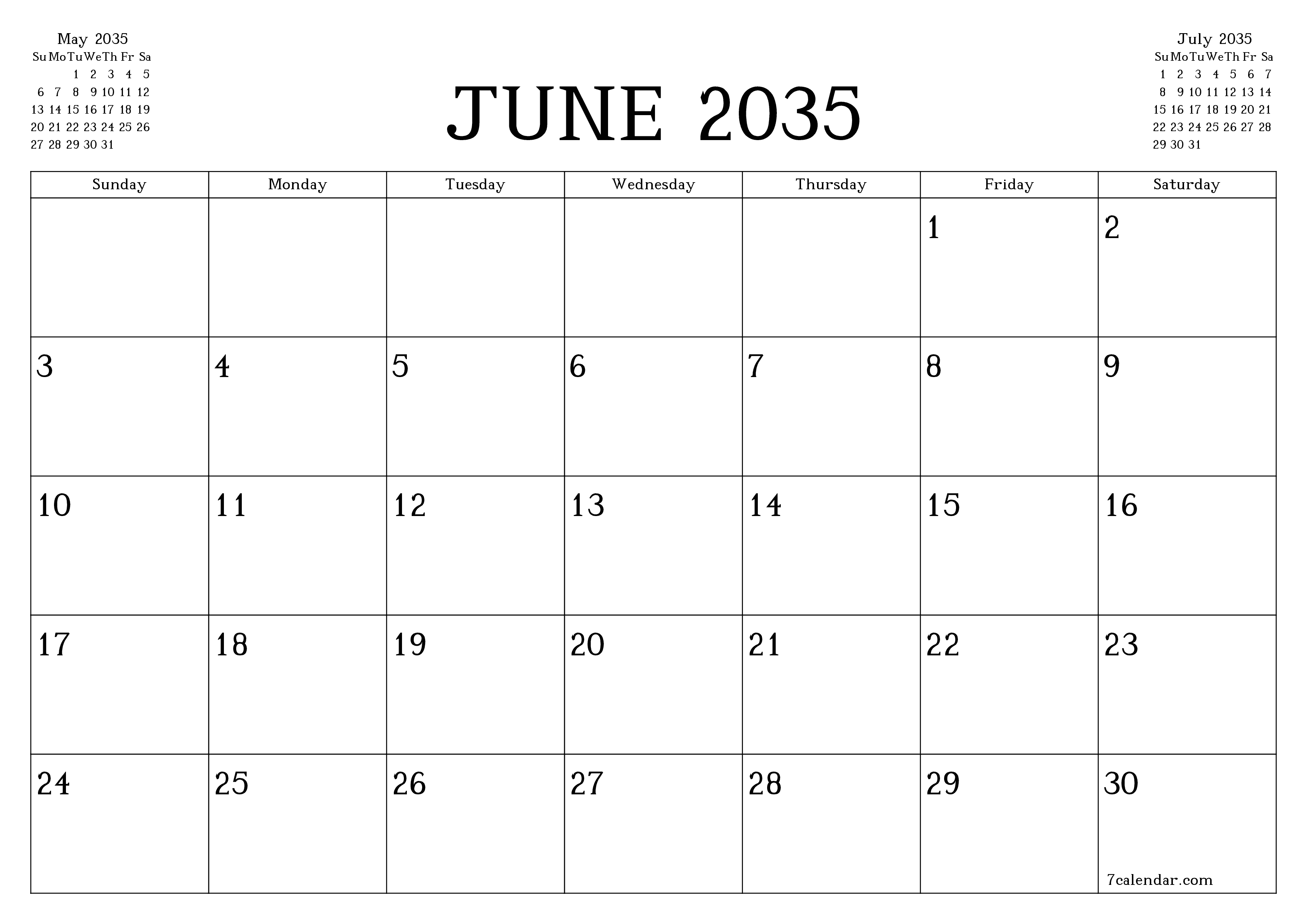 Blank calendar June 2035