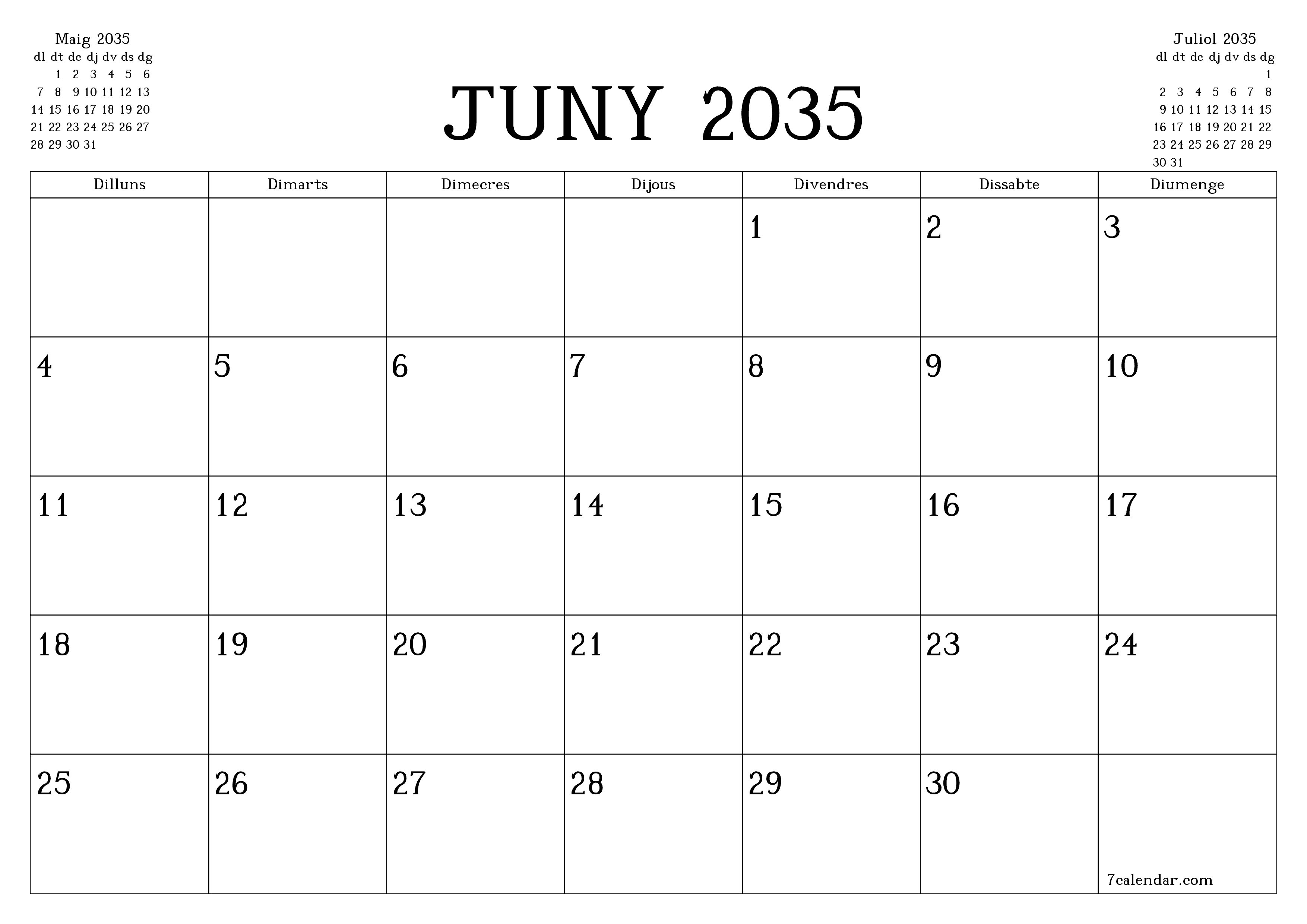 Planificador mensual buit del mes Juny 2035 amb notes, deseu-lo i imprimiu-lo en format PDF PNG Catalan