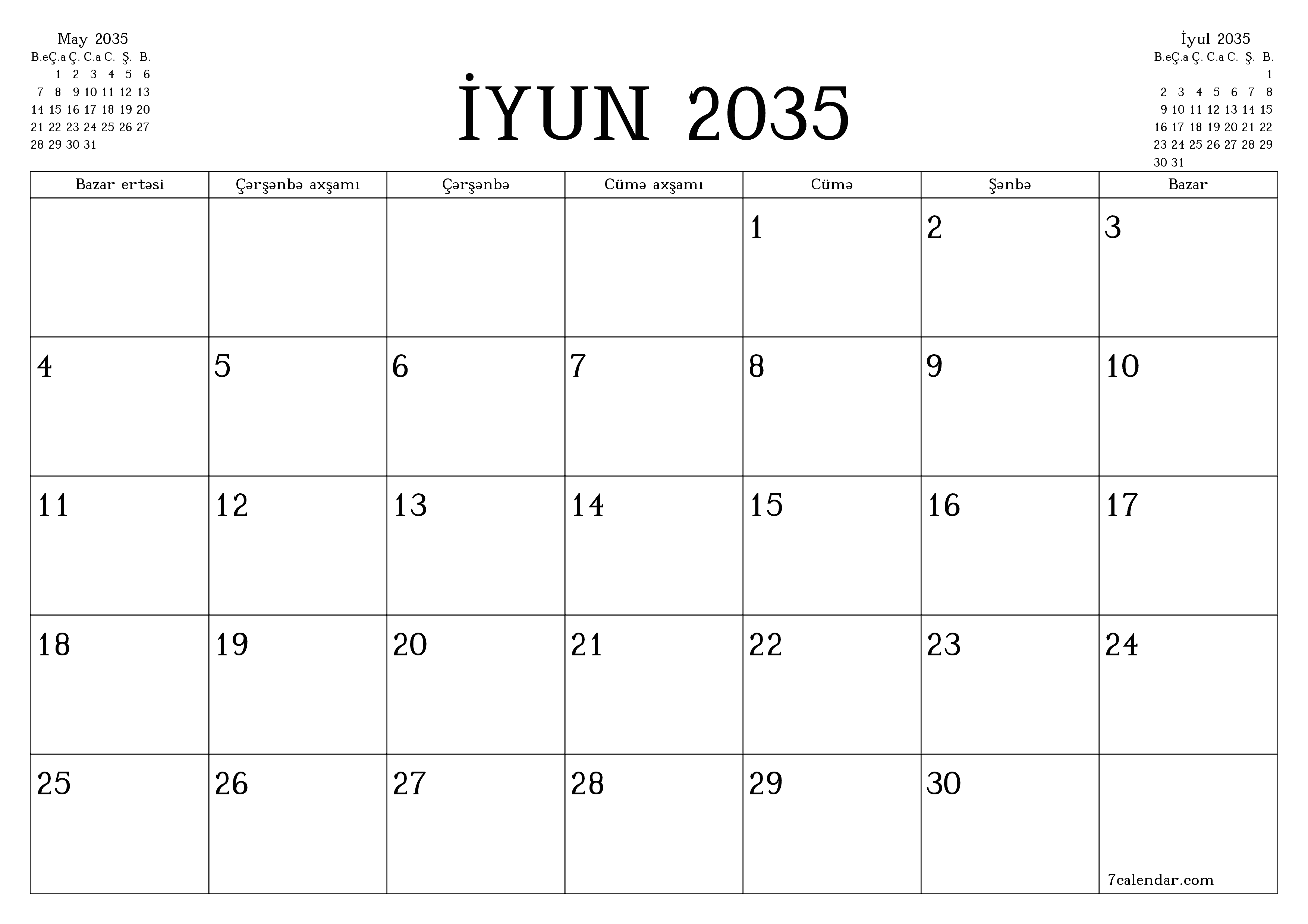 İyun 2035 ayı üçün qeydlər ilə boş aylıq planlayıcı, qeyd edin və PDF-ə yazdırın PNG Azerbaijani