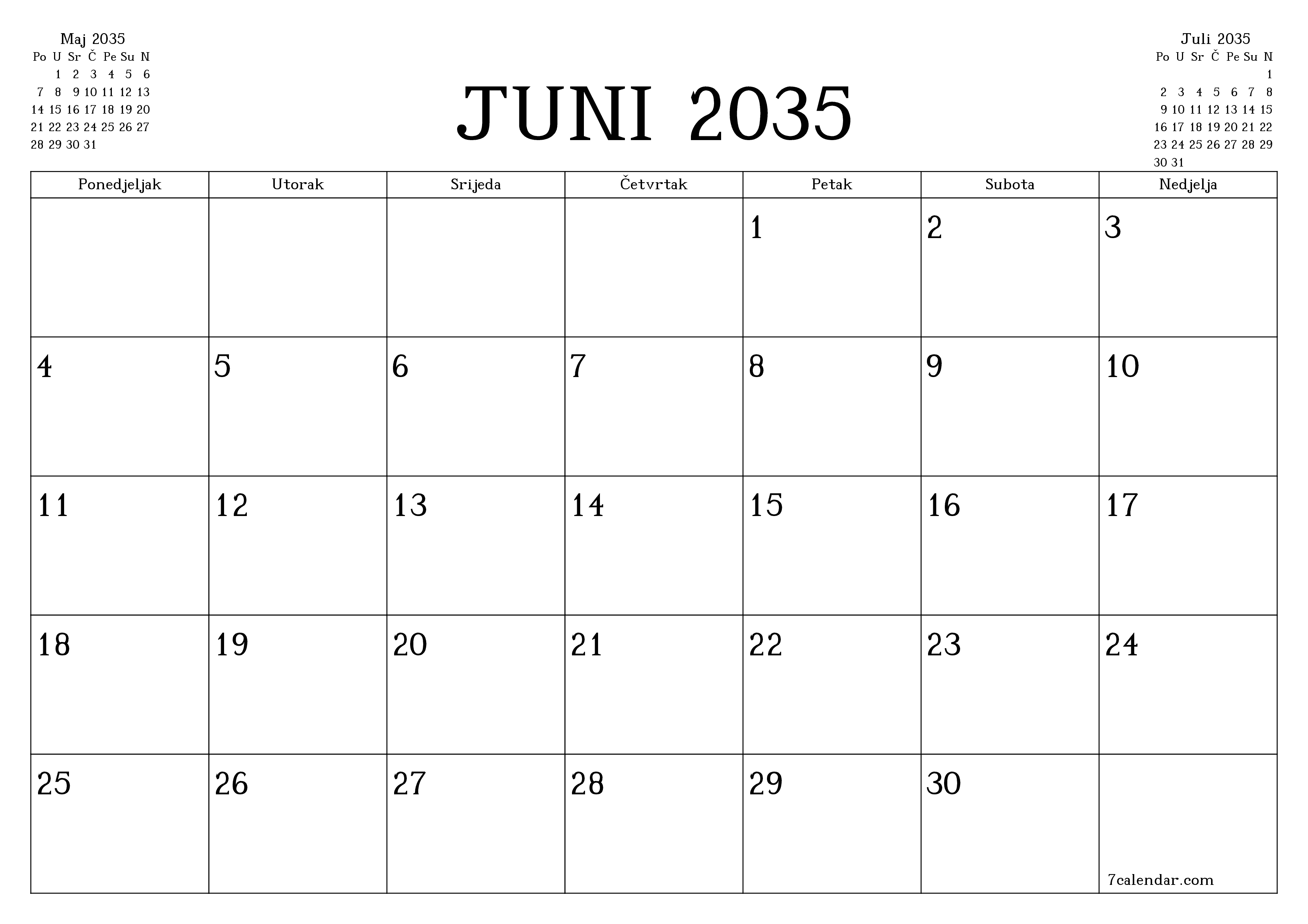 Ispraznite mjesečni planer za mjesec Juni 2035 s bilješkama, spremite i ispišite u PDF PNG Bosnian