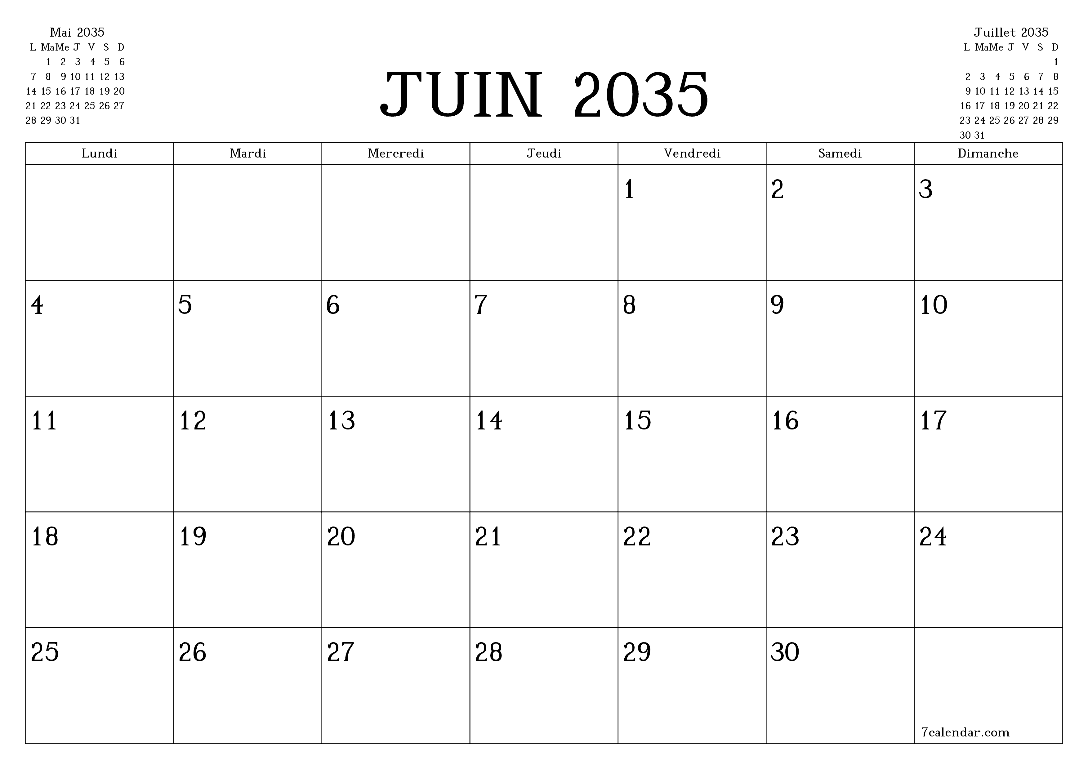 Agenda mensuel vide pour le mois Juin 2035 avec notes, enregistrez et imprimez au format PDF PNG French