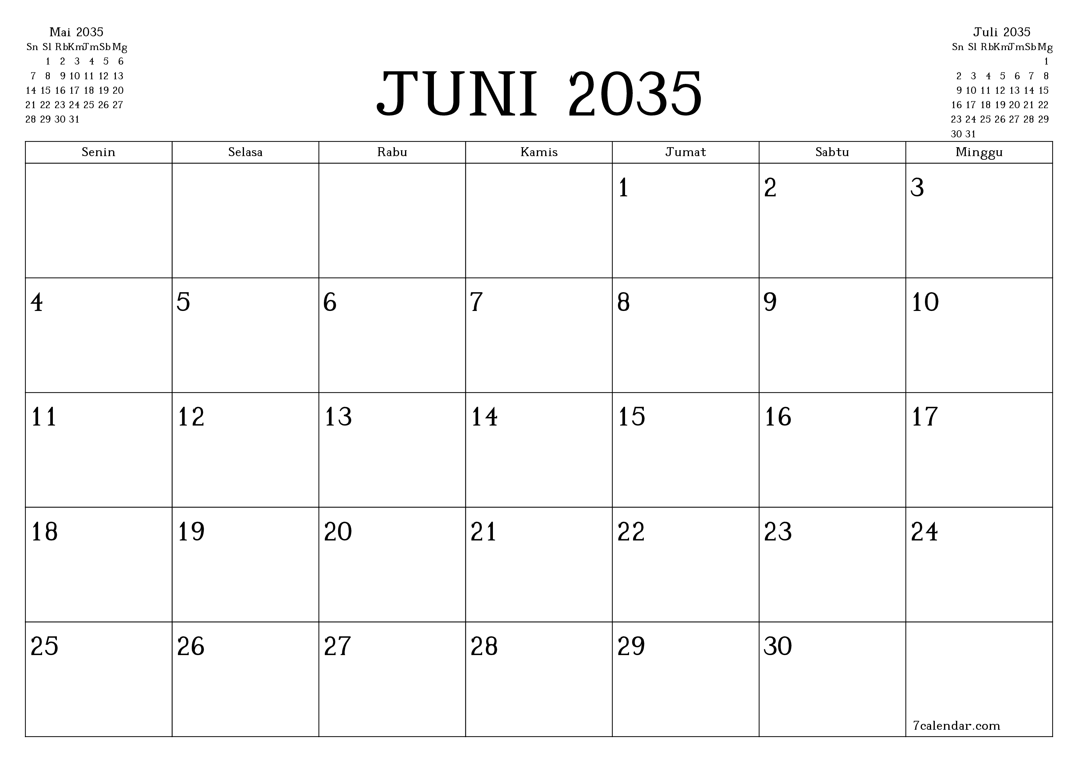 Kosongkan agenda bulanan untuk bulan Juni 2035 dengan catatan, simpan dan cetak ke PDF PNG Indonesian