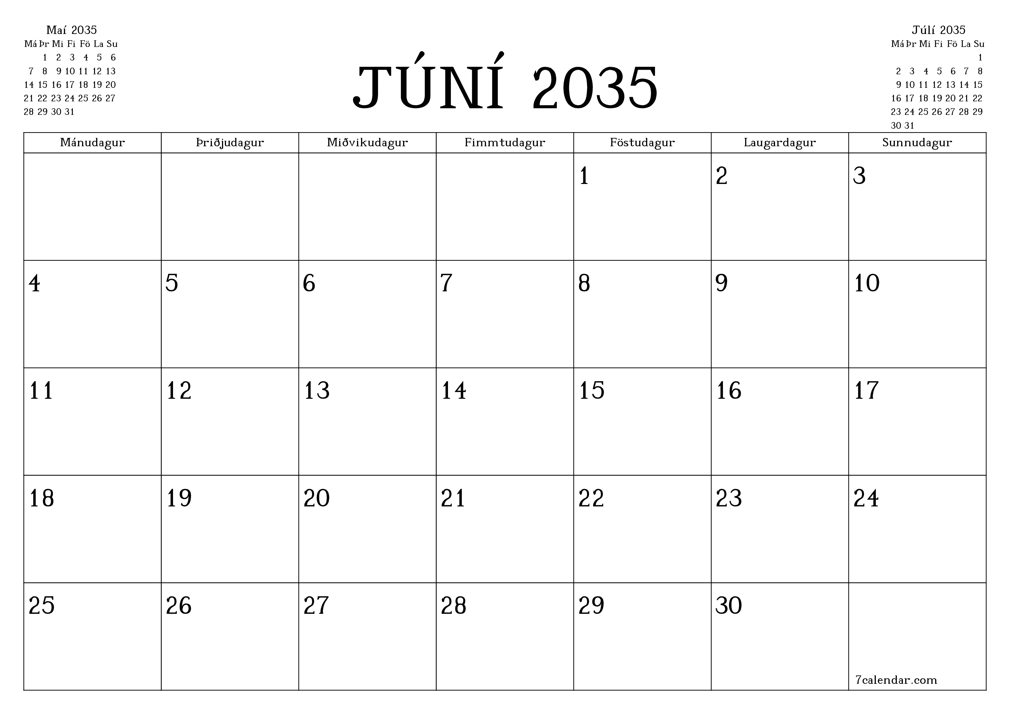 Tómur mánaðarlegur skipuleggjandi fyrir mánuðinn Júní 2035 með athugasemdum, vista og prenta á PDF PNG Icelandic