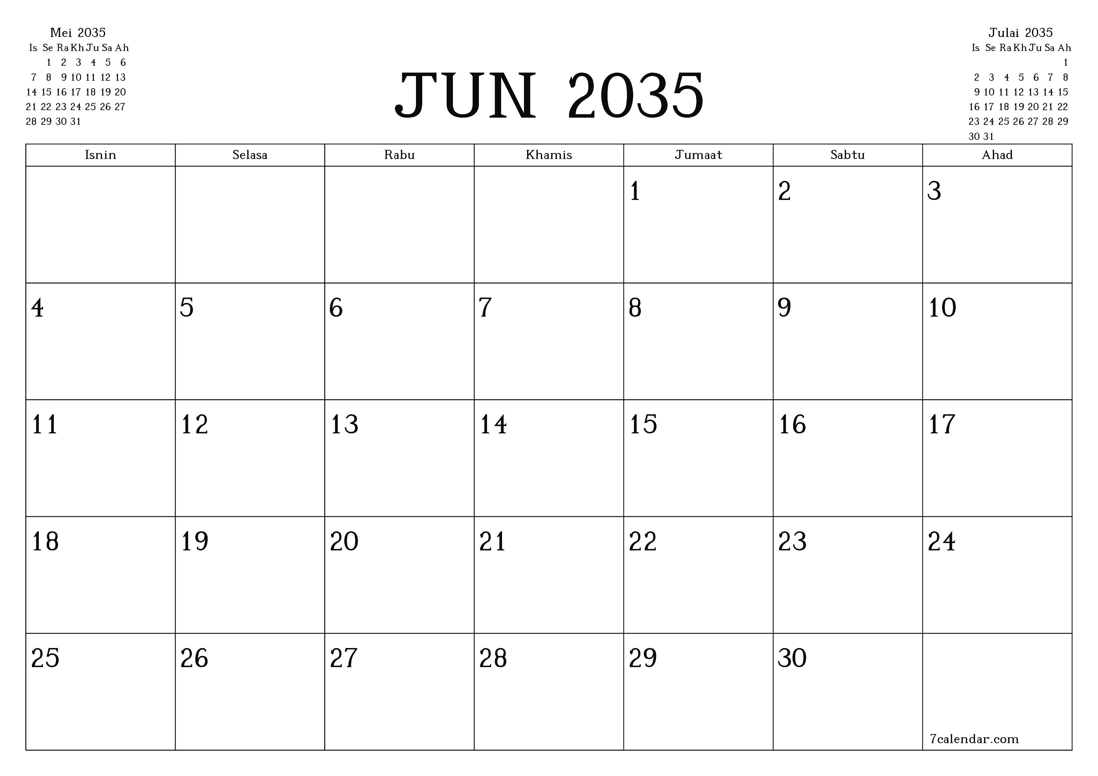 Perancang bulanan kosong untuk bulan Jun 2035 dengan nota, simpan dan cetak ke PDF PNG Malay