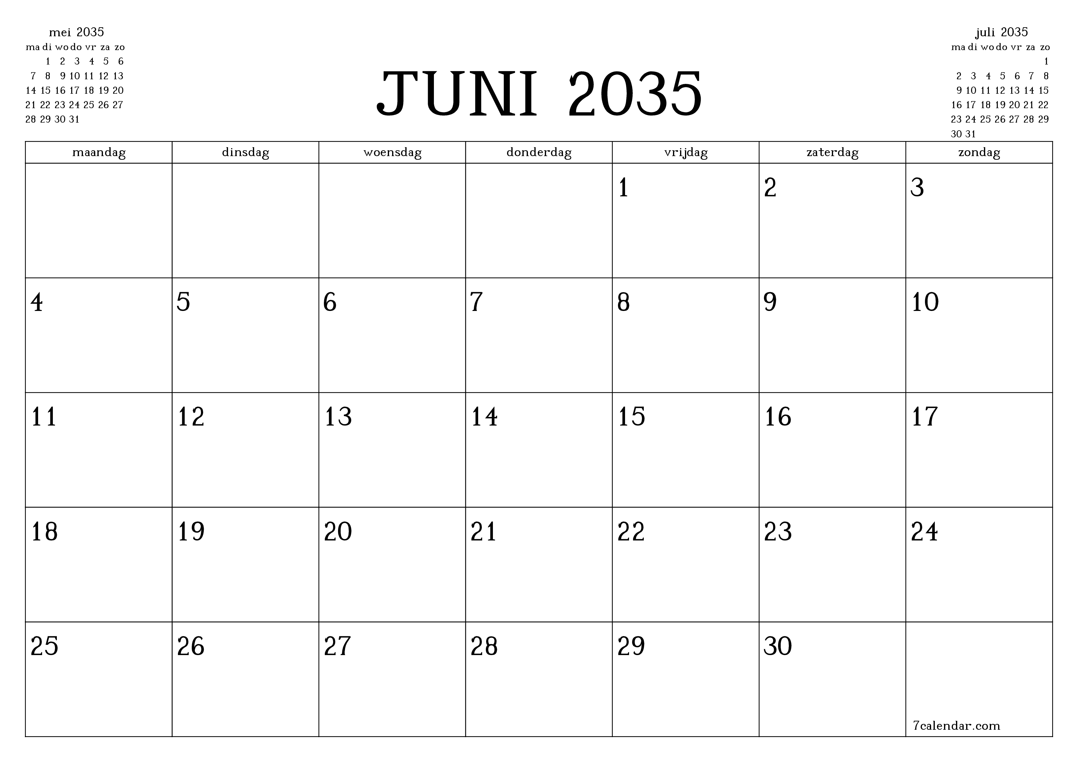 Lege maandplanner voor maand juni 2035 met notities, opslaan en afdrukken naar pdf PNG Dutch