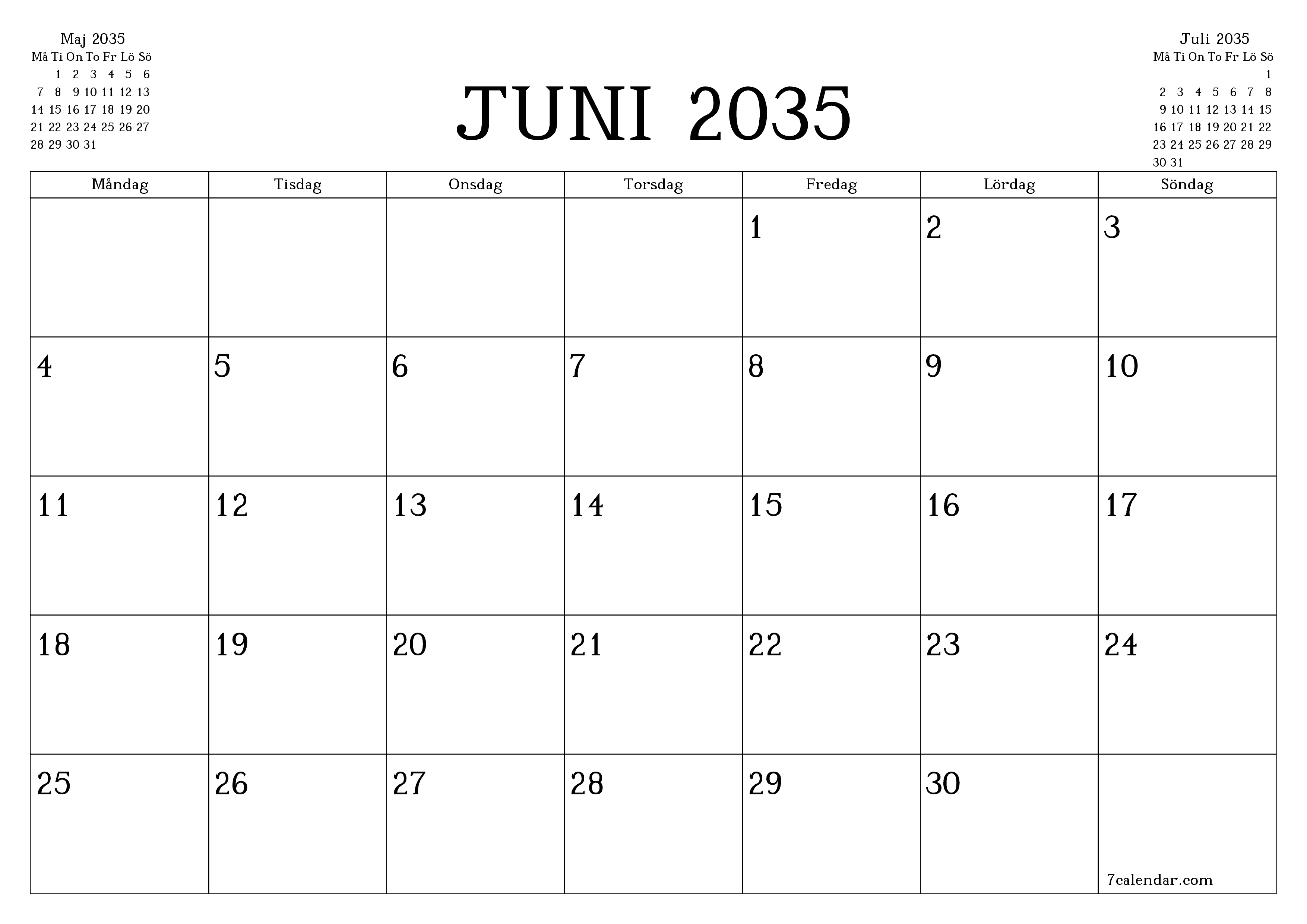 Tom månadsplanerare för månad Juni 2035 med anteckningar, spara och skriv ut till PDF PNG Swedish