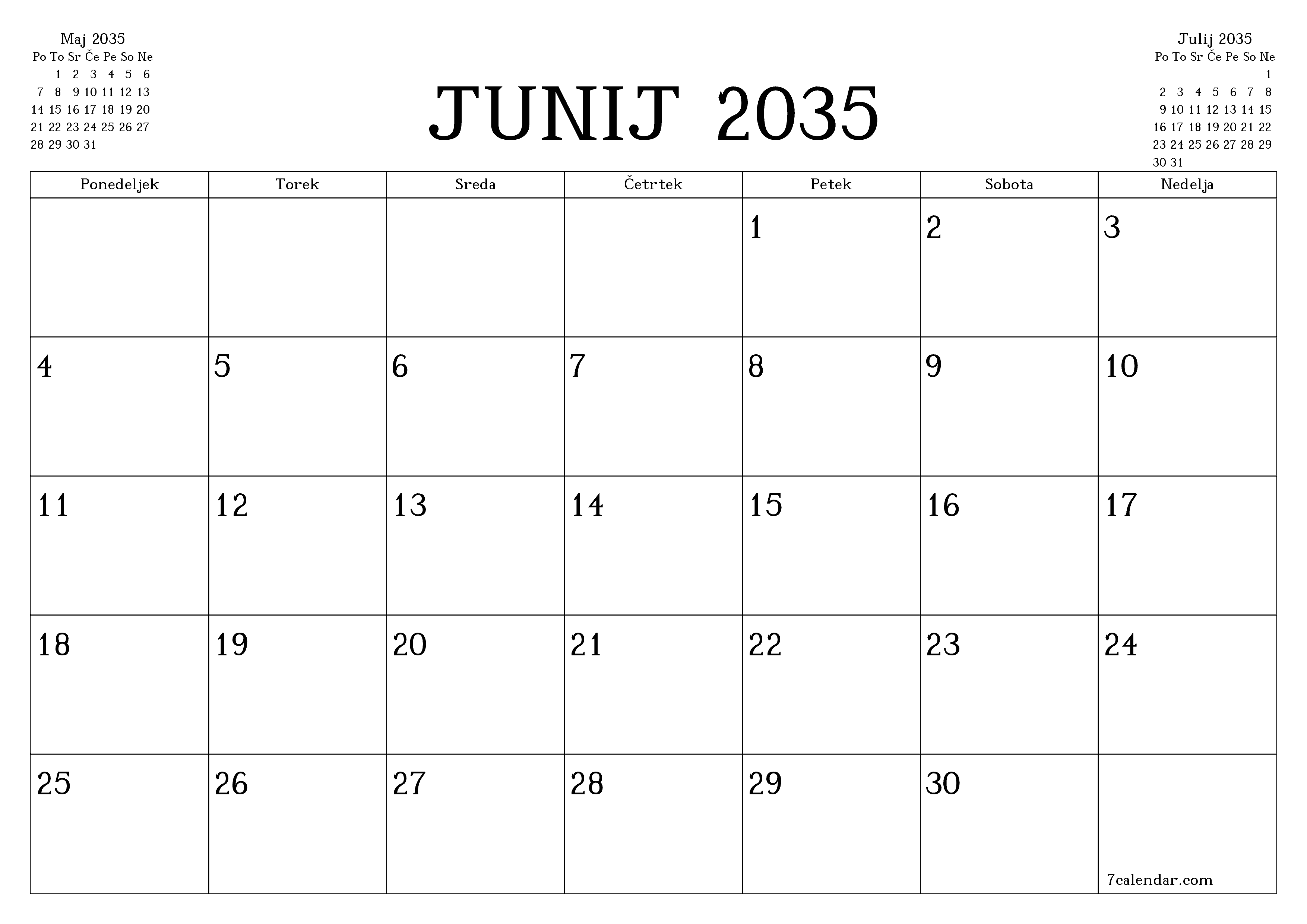 Prazen mesečni načrtovalec koledarja za mesec Junij 2035 z opombami, natisnjenimi v PDF PNG Slovenian