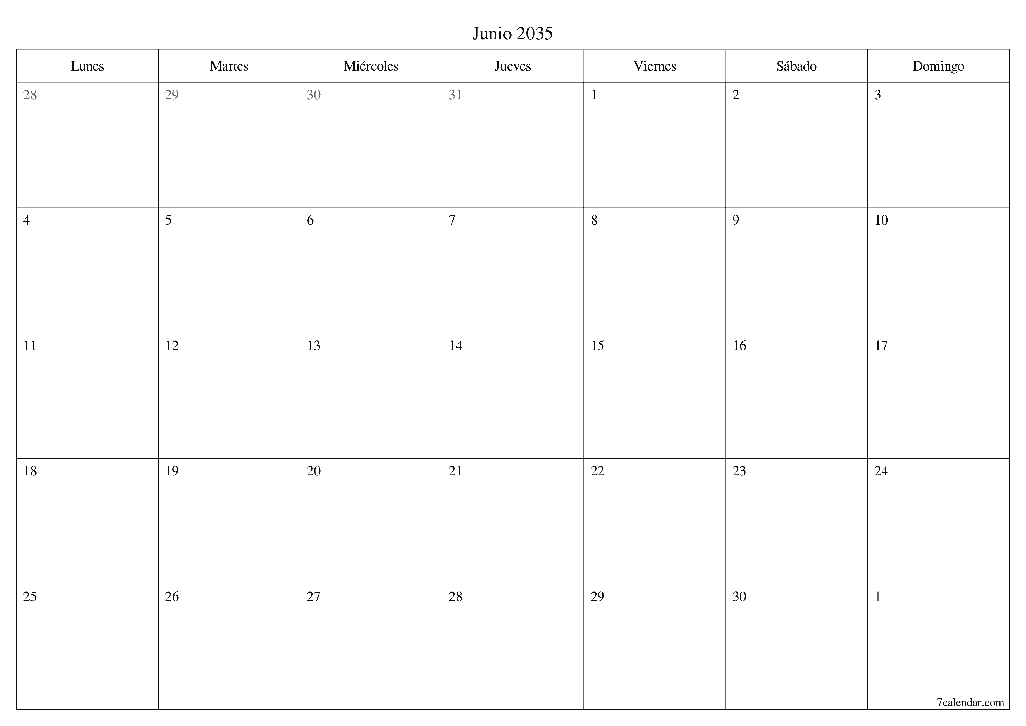 Planificador mensual vacío para el mes Junio 2035 con notas, guardar e imprimir en PDF PNG Spanish
