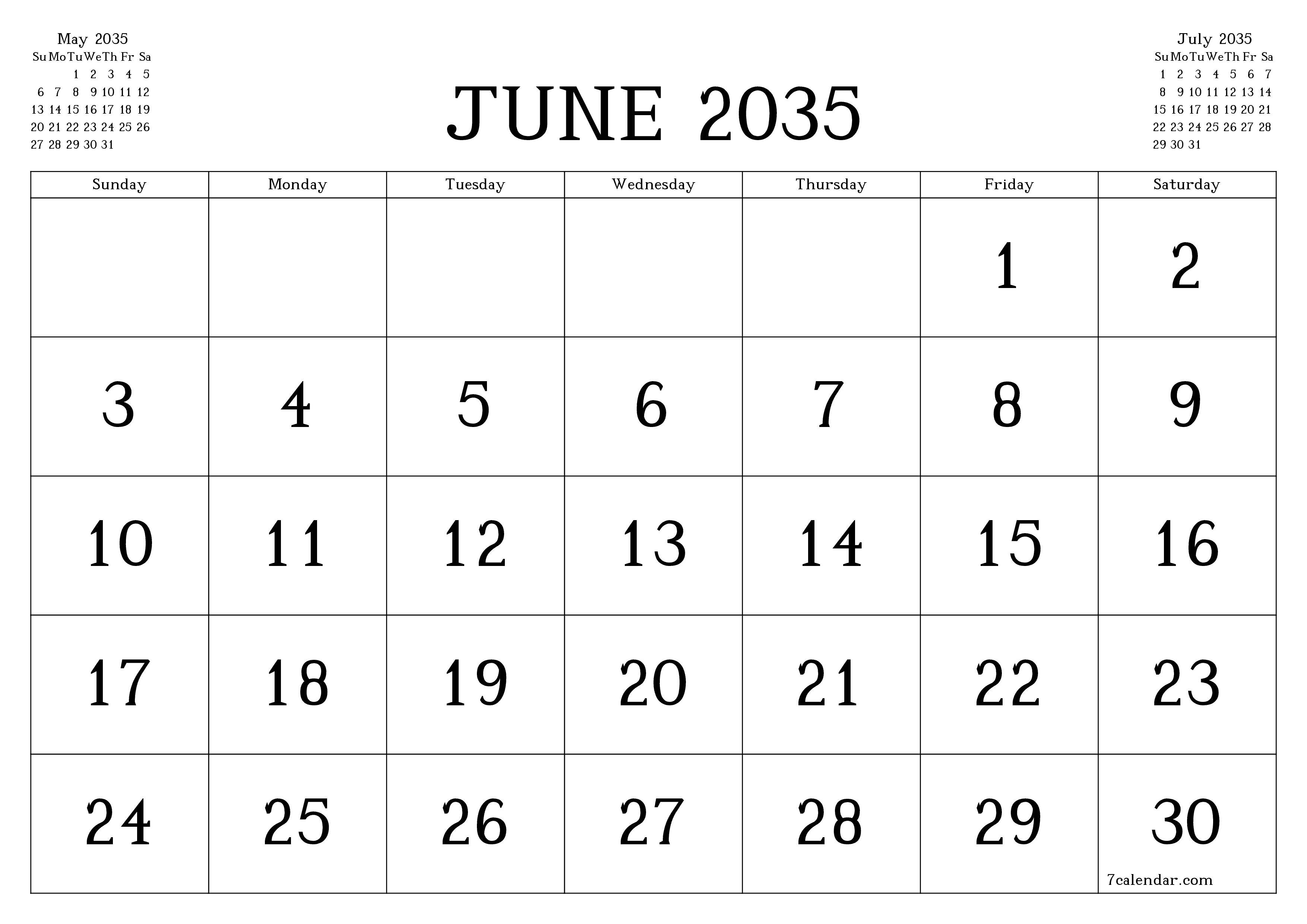 Blank calendar June 2035
