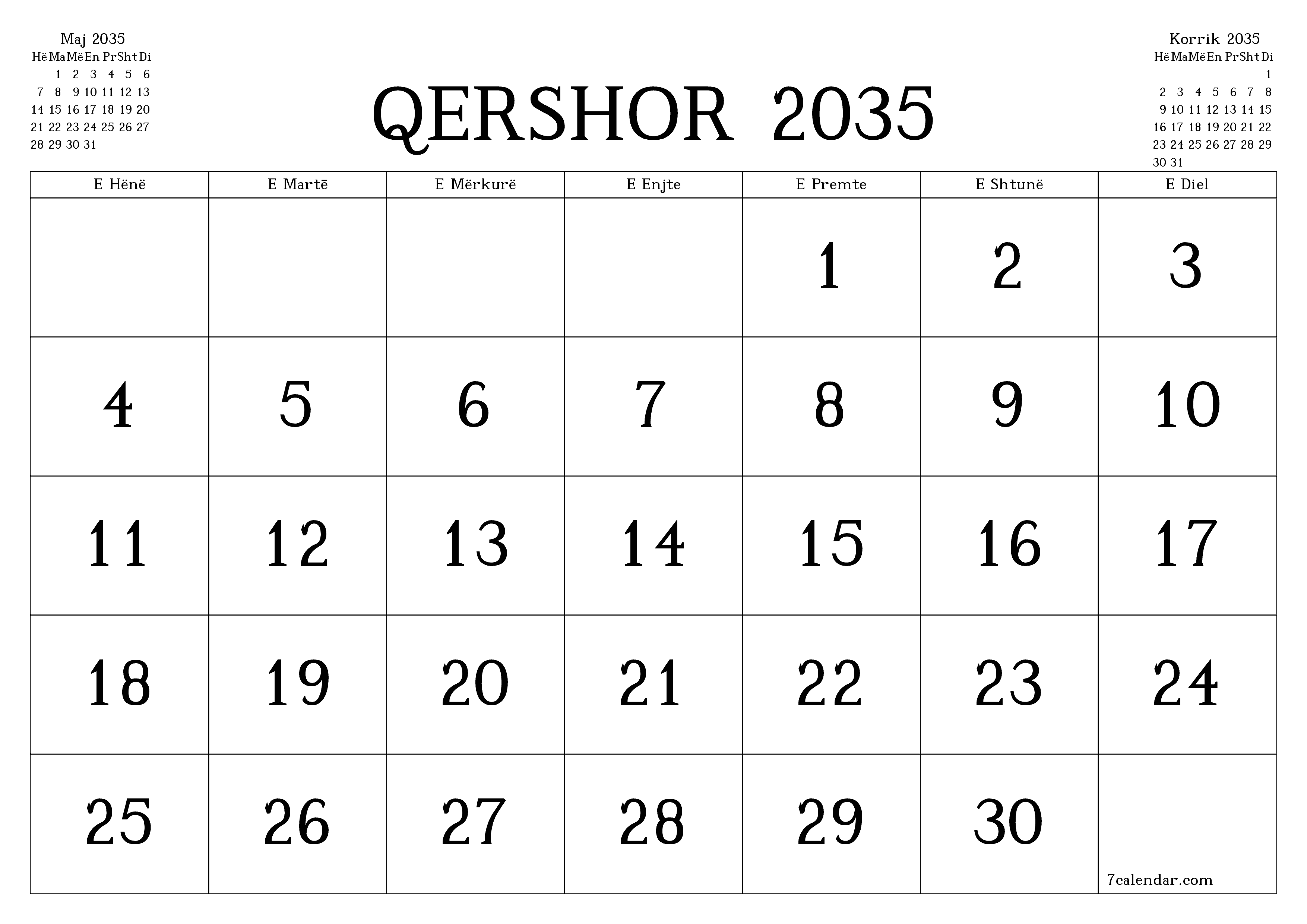 Planifikuesi i zbrazët i kalendarit mujor për muajin Qershor 2035 me shënime të ruajtura dhe të printuara në PDF PNG Albanian