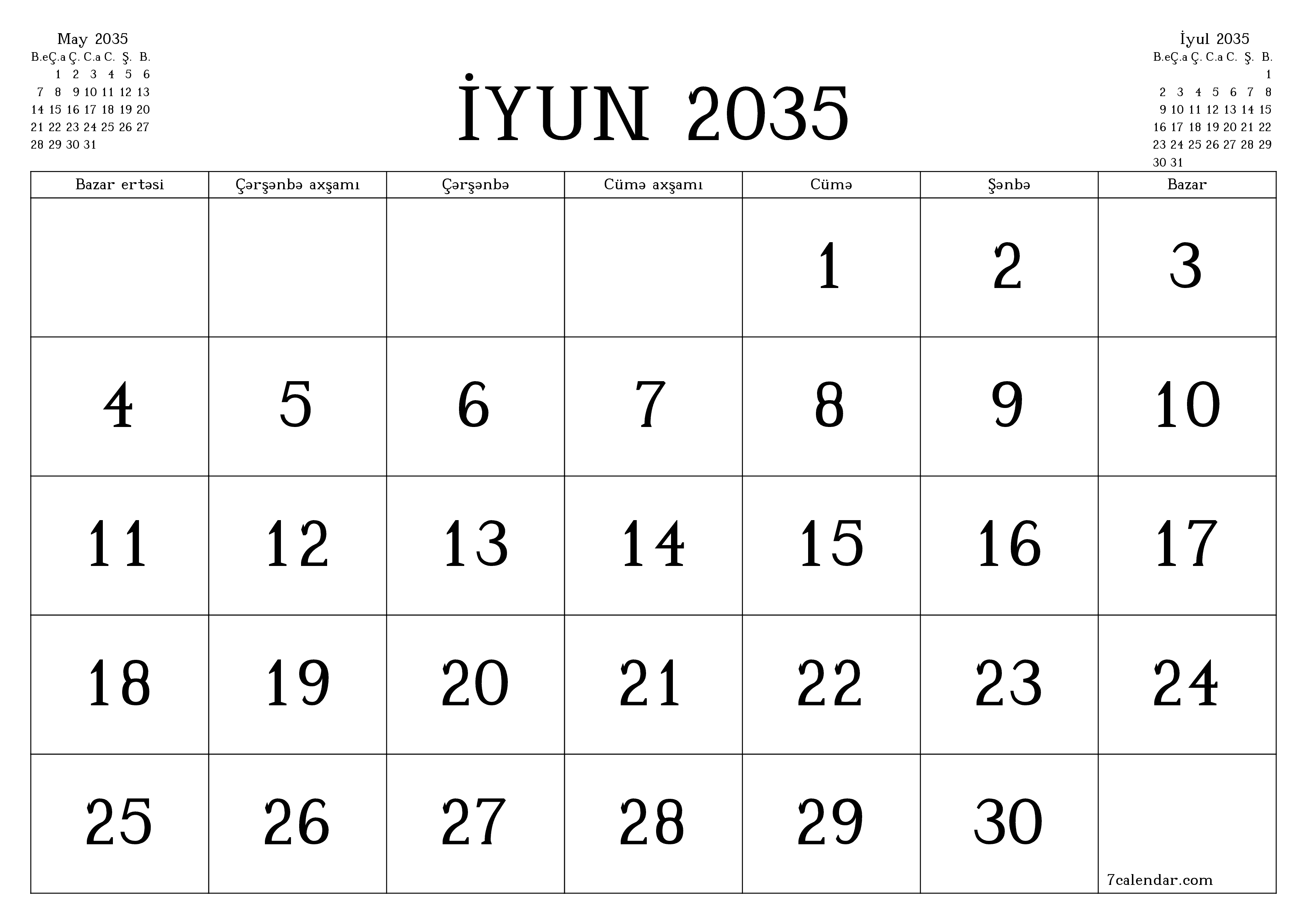 İyun 2035 ayı üçün qeydlər ilə boş aylıq planlayıcı, qeyd edin və PDF-ə yazdırın PNG Azerbaijani