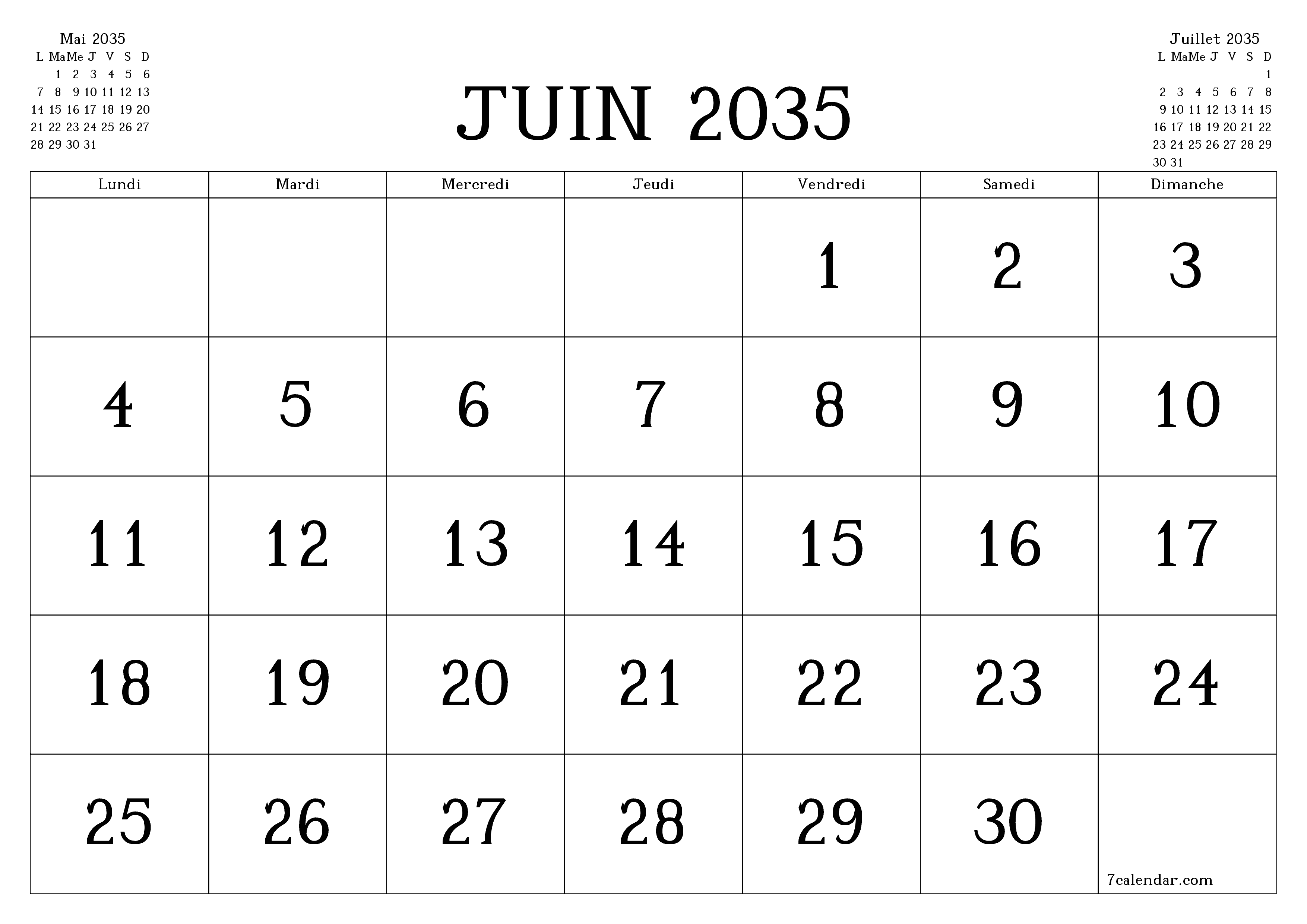 Agenda mensuel vide pour le mois Juin 2035 avec notes, enregistrez et imprimez au format PDF PNG French