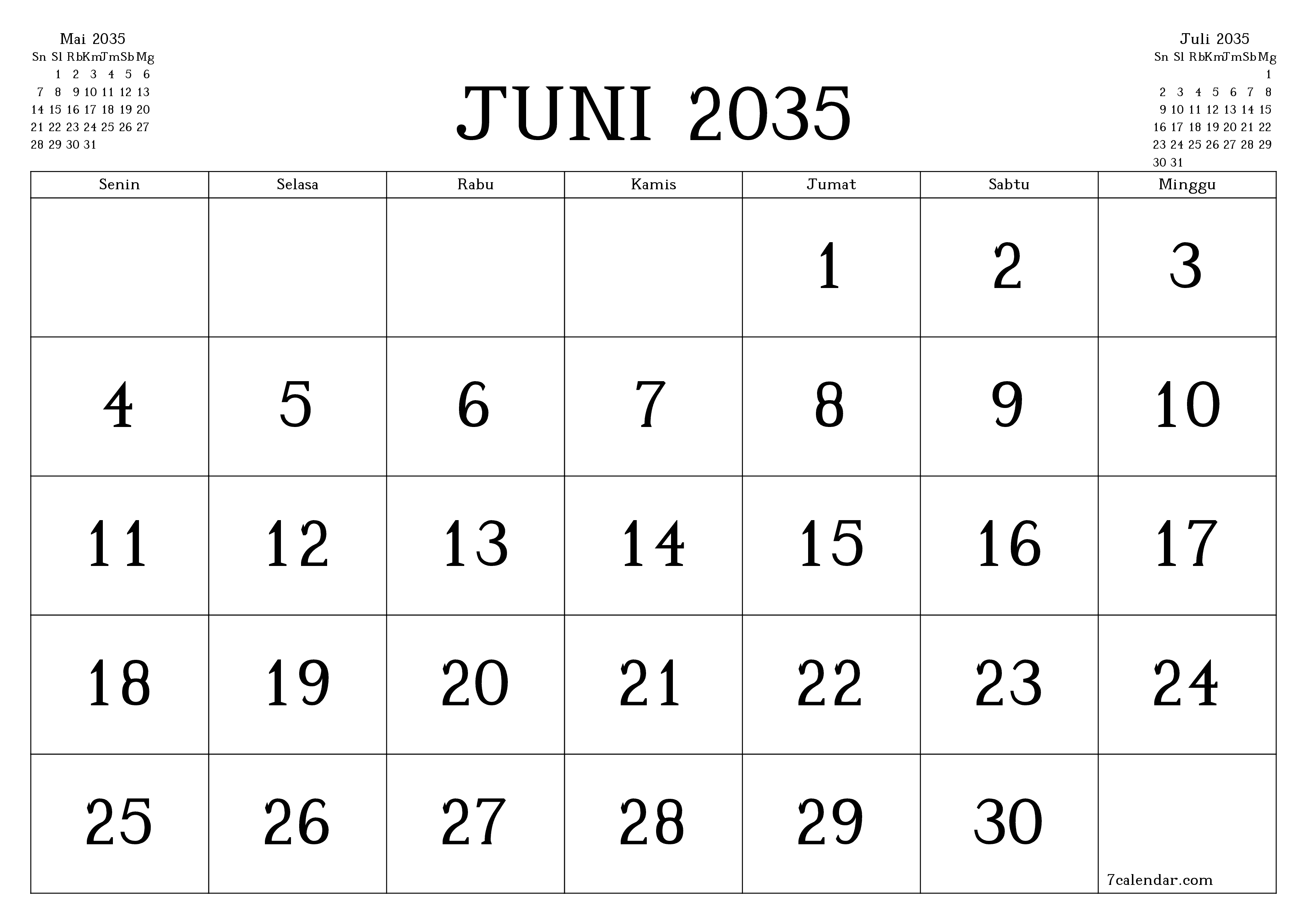 Kosongkan agenda bulanan untuk bulan Juni 2035 dengan catatan, simpan dan cetak ke PDF PNG Indonesian