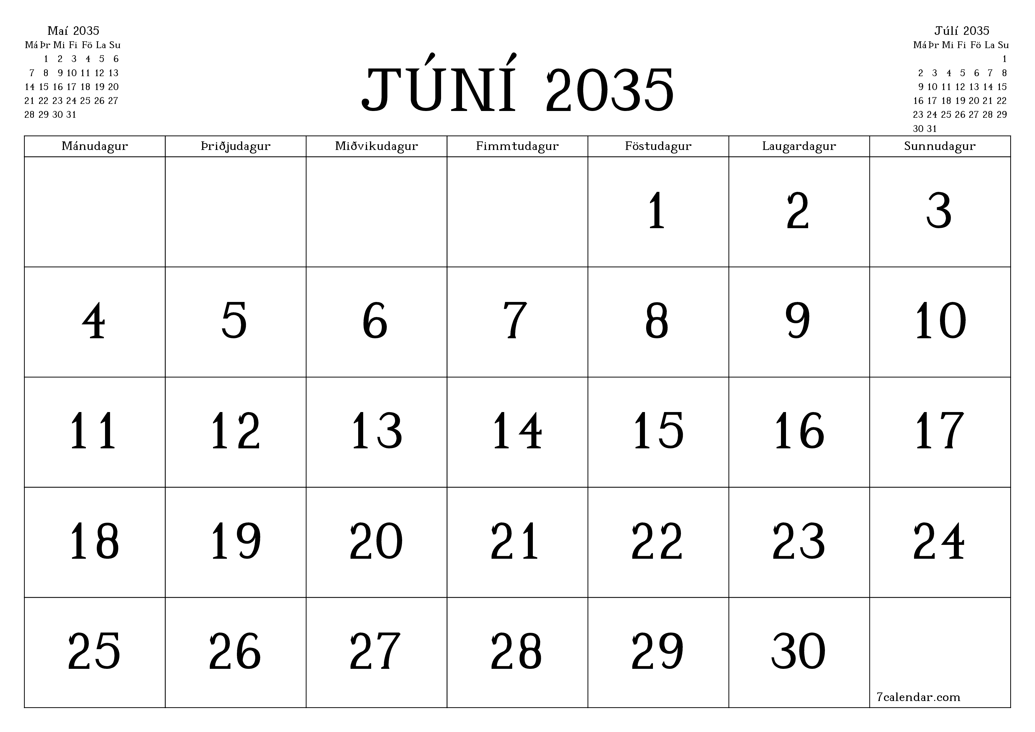 Tómur mánaðarlegur skipuleggjandi fyrir mánuðinn Júní 2035 með athugasemdum, vista og prenta á PDF PNG Icelandic