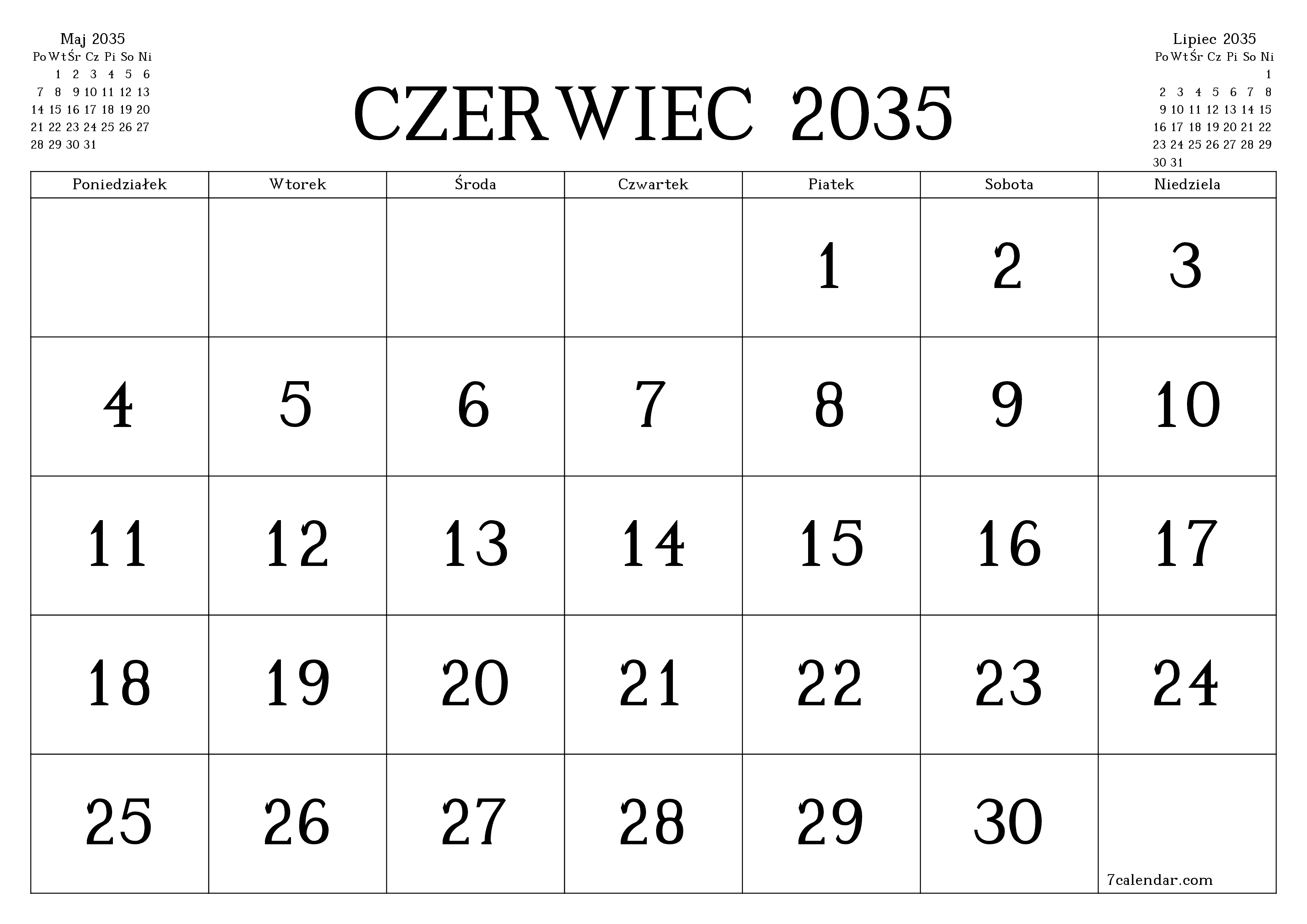 Opróżnij miesięczny planer na miesiąc Czerwiec 2035 z notatkami, zapisz i wydrukuj w formacie PDF PNG Polish