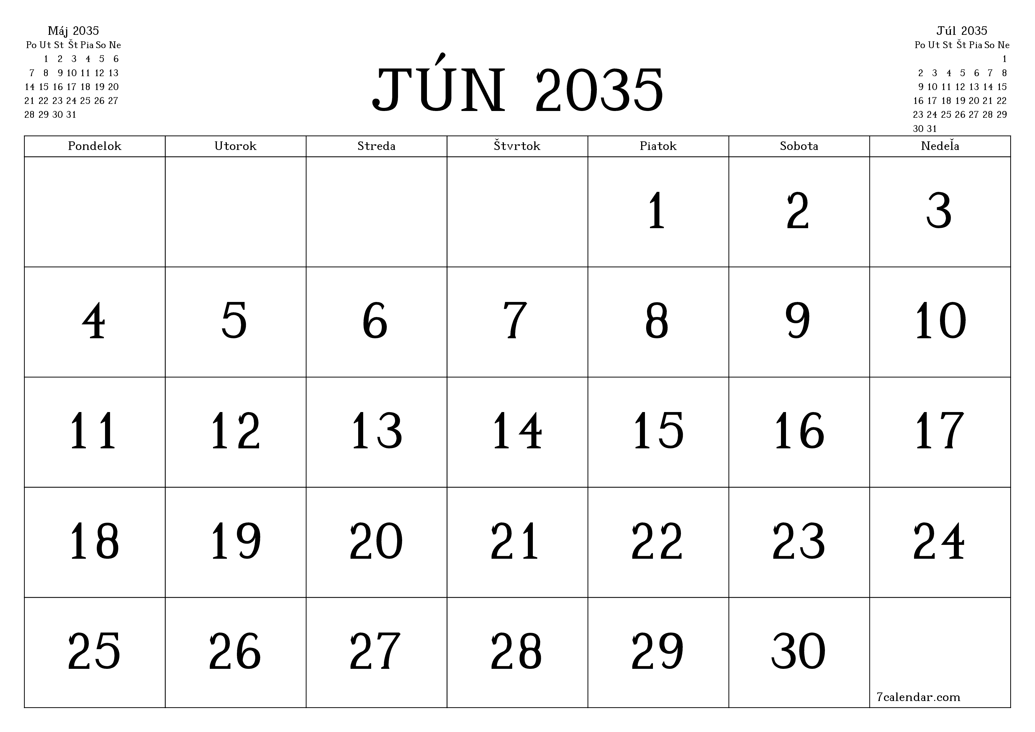 Prázdny mesačný plánovač na mesiac Jún 2035 s poznámkami, uloženie a tlač do PDF PNG Slovak