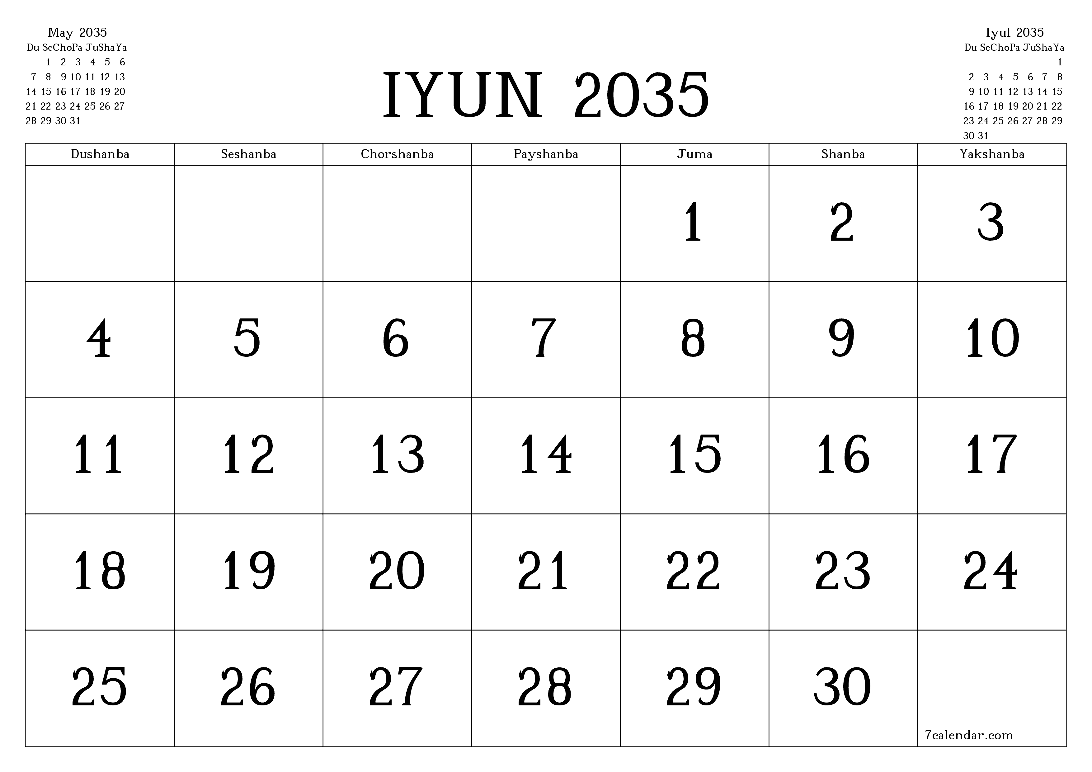 Iyun 2035 oylik oylik rejalashtiruvchini yozuvlar bilan bo'shatish, saqlash va PDF-ga chop etish PNG Uzbek