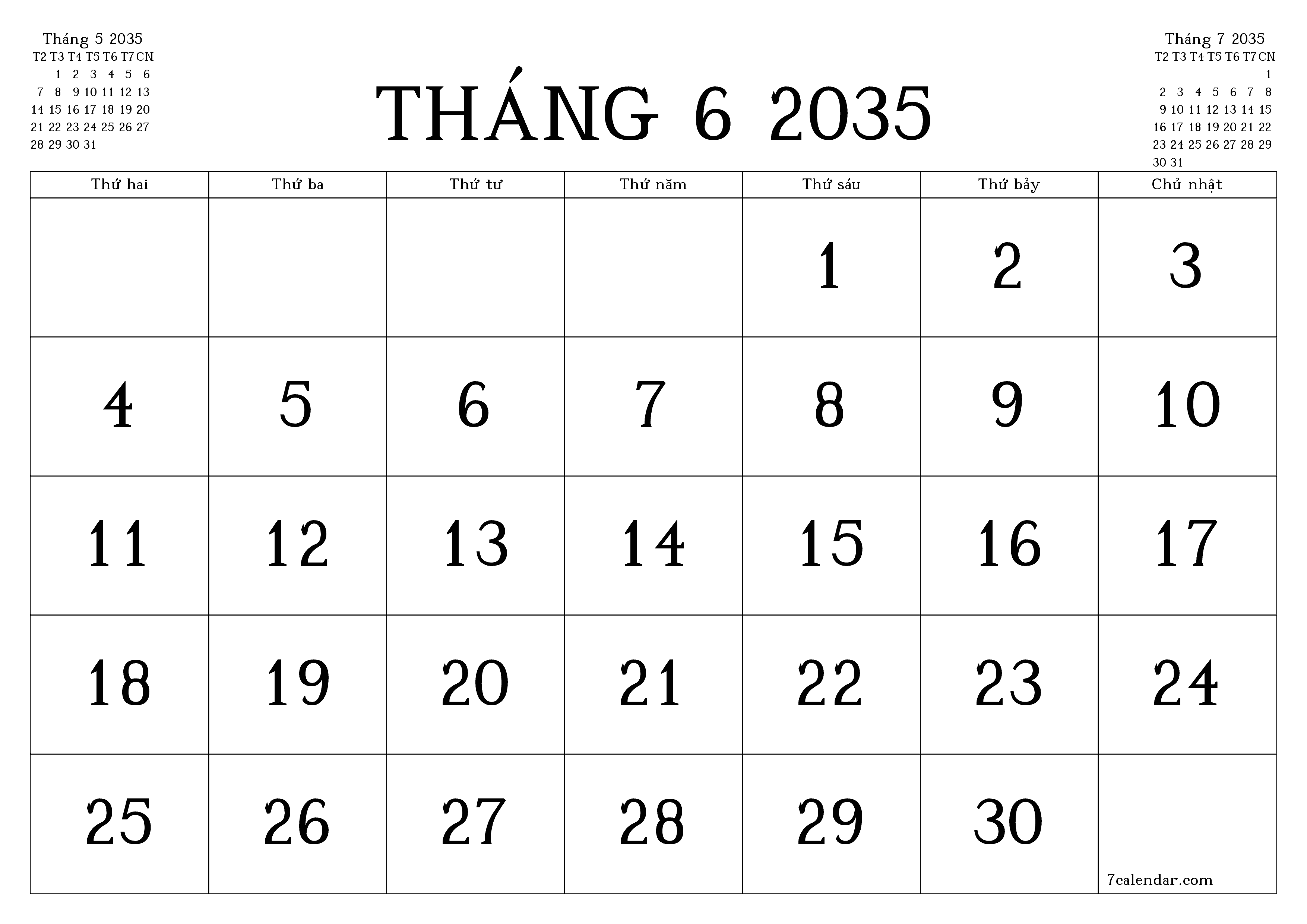 Công cụ lập kế hoạch hàng tháng trống cho tháng Tháng 6 2035 có ghi chú, lưu và in sang PDF PNG Vietnamese