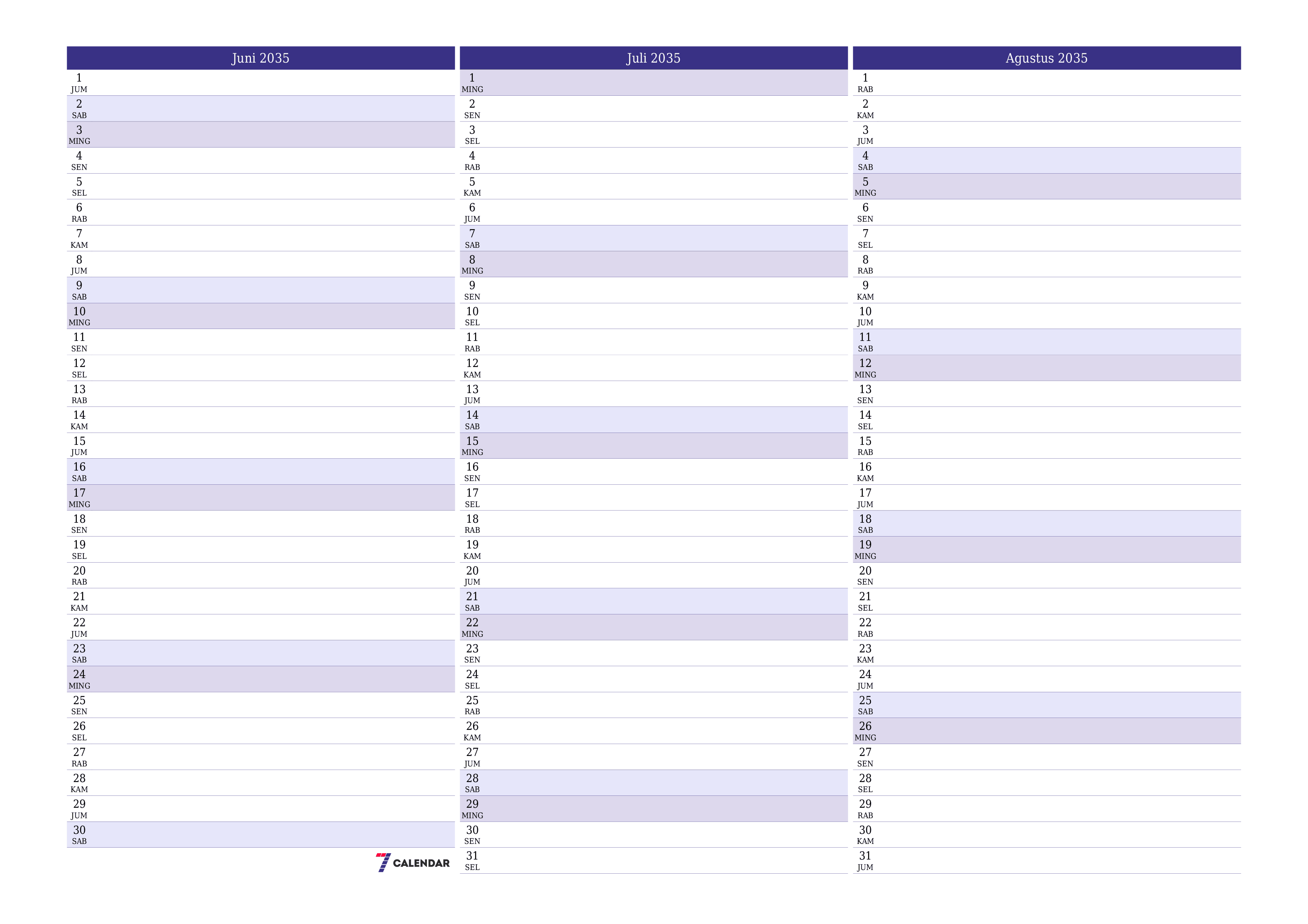 Kosongkan agenda bulanan untuk bulan Juni 2035 dengan catatan, simpan dan cetak ke PDF PNG Indonesian