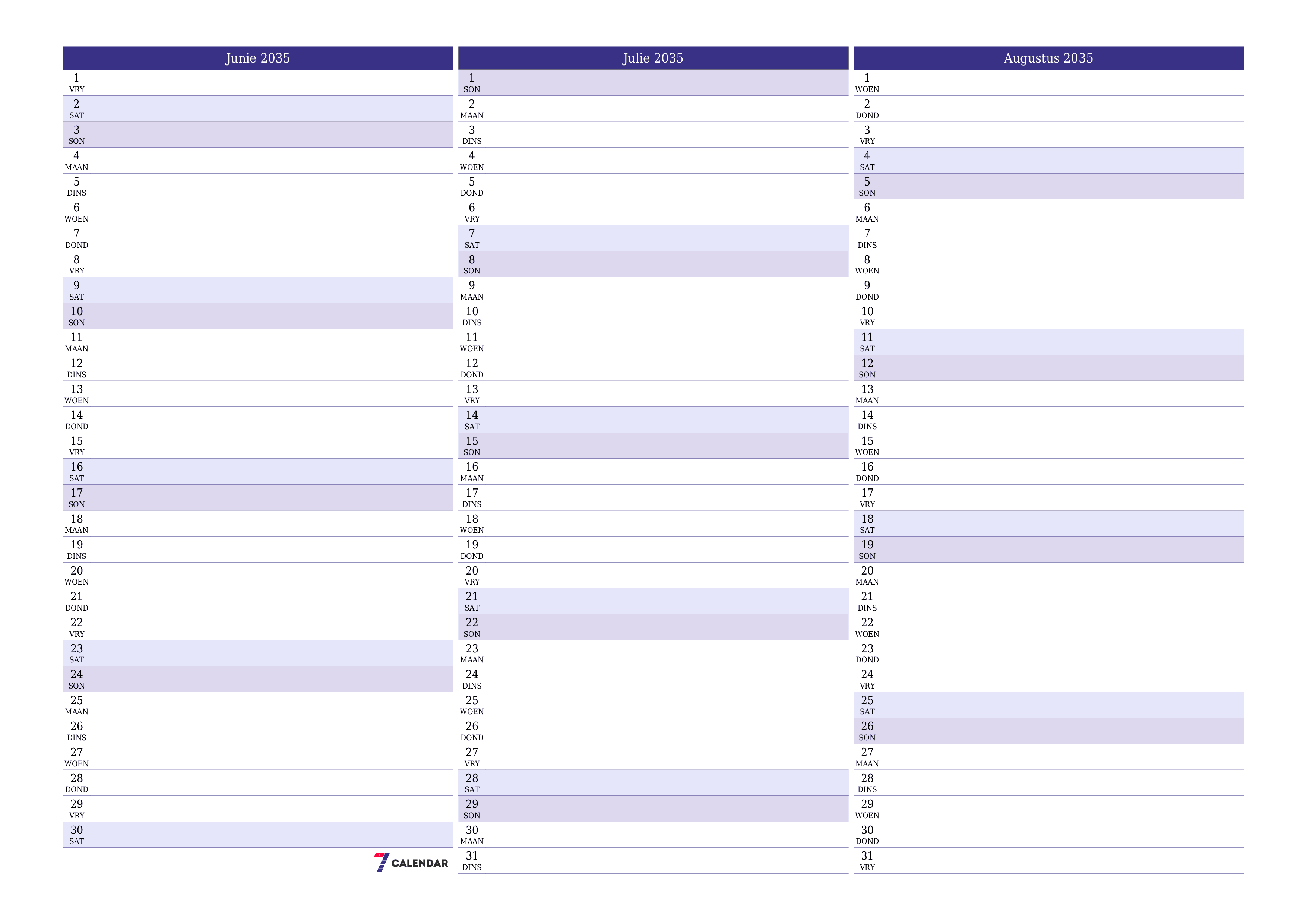 Leë maandelikse drukbare kalender en beplanner vir maand Junie 2035 met notas stoor en druk na PDF PNG Afrikaans