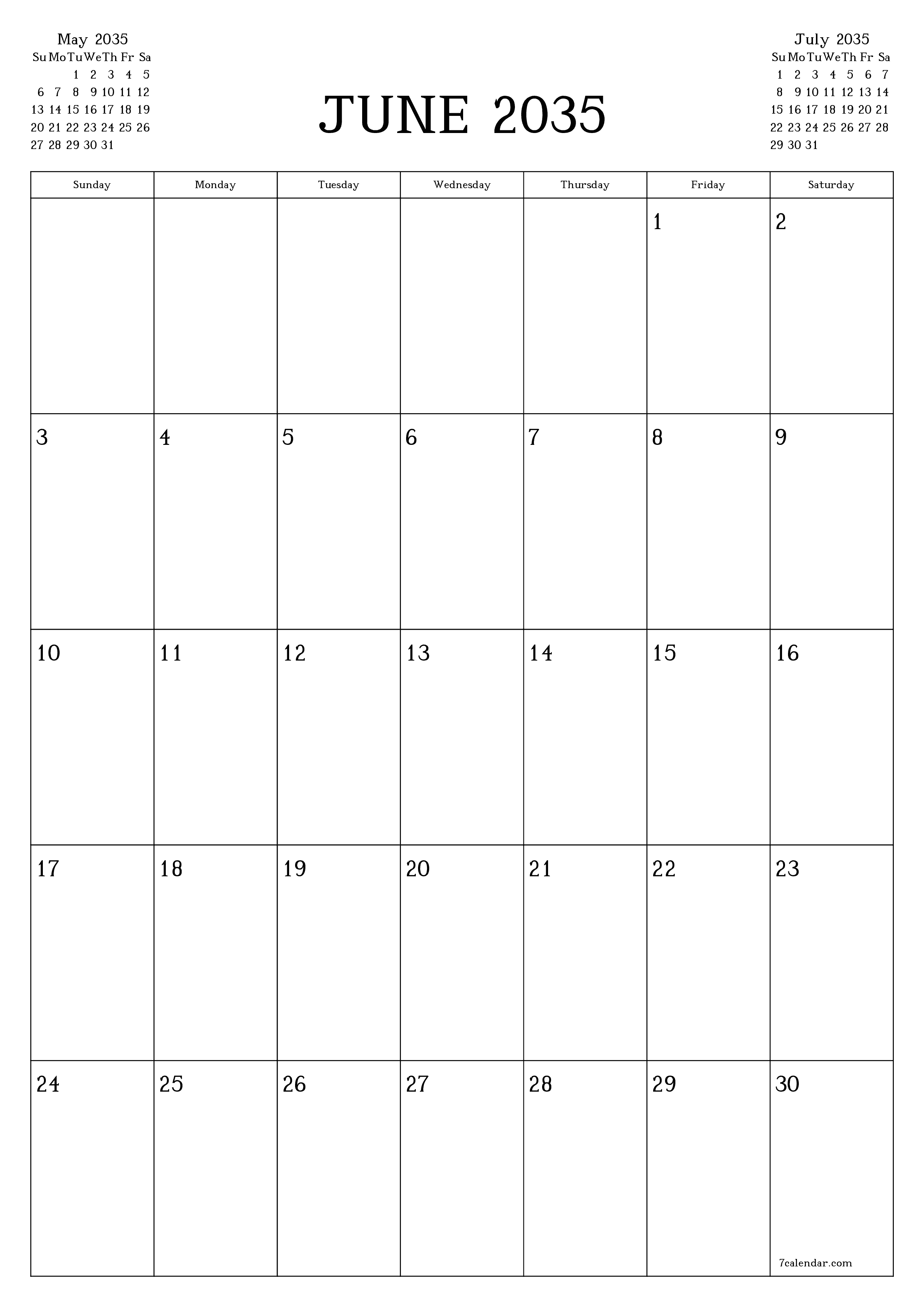 Blank calendar June 2035